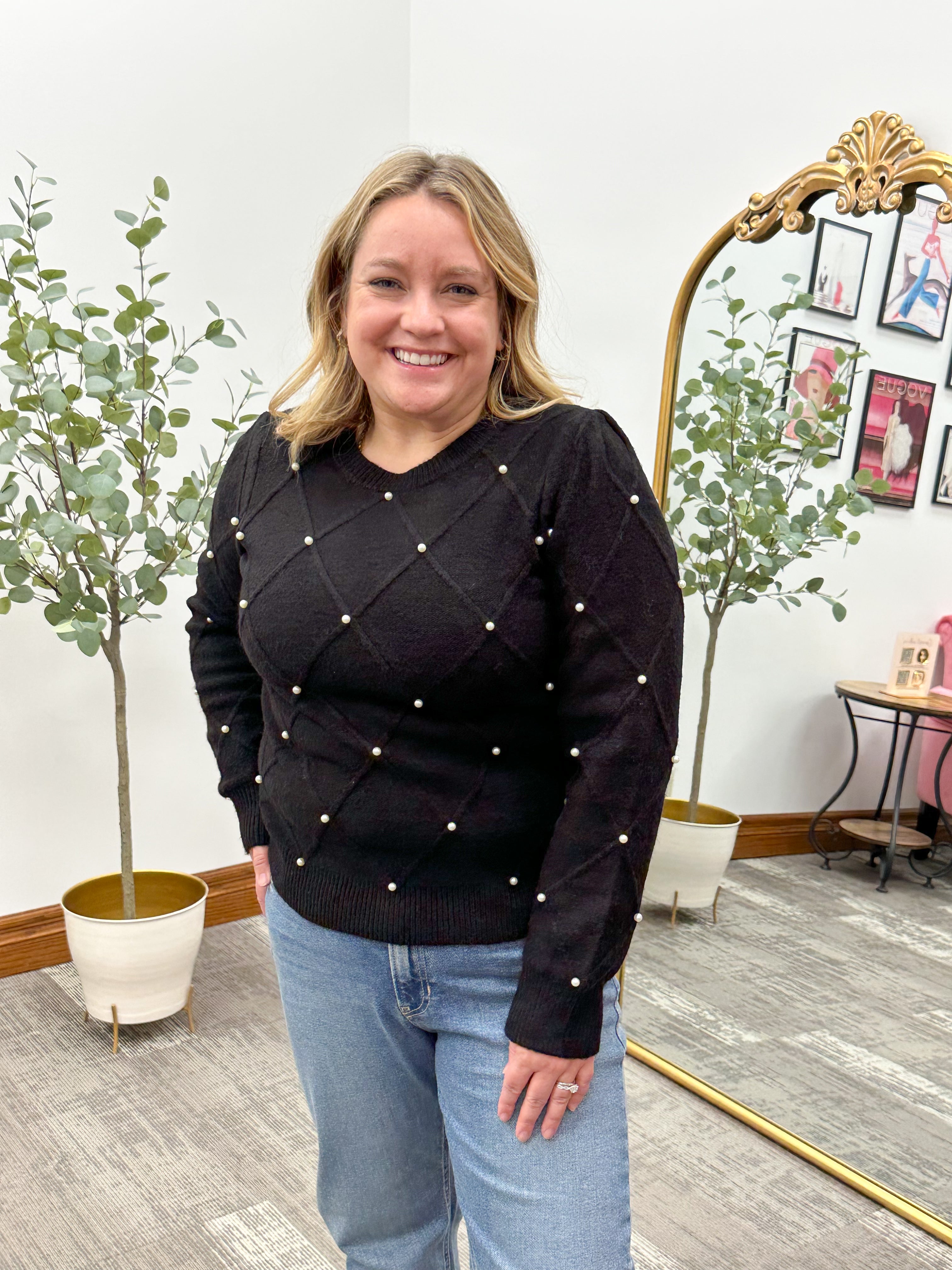 Black Cable Knit Pearl Embellished Sweater