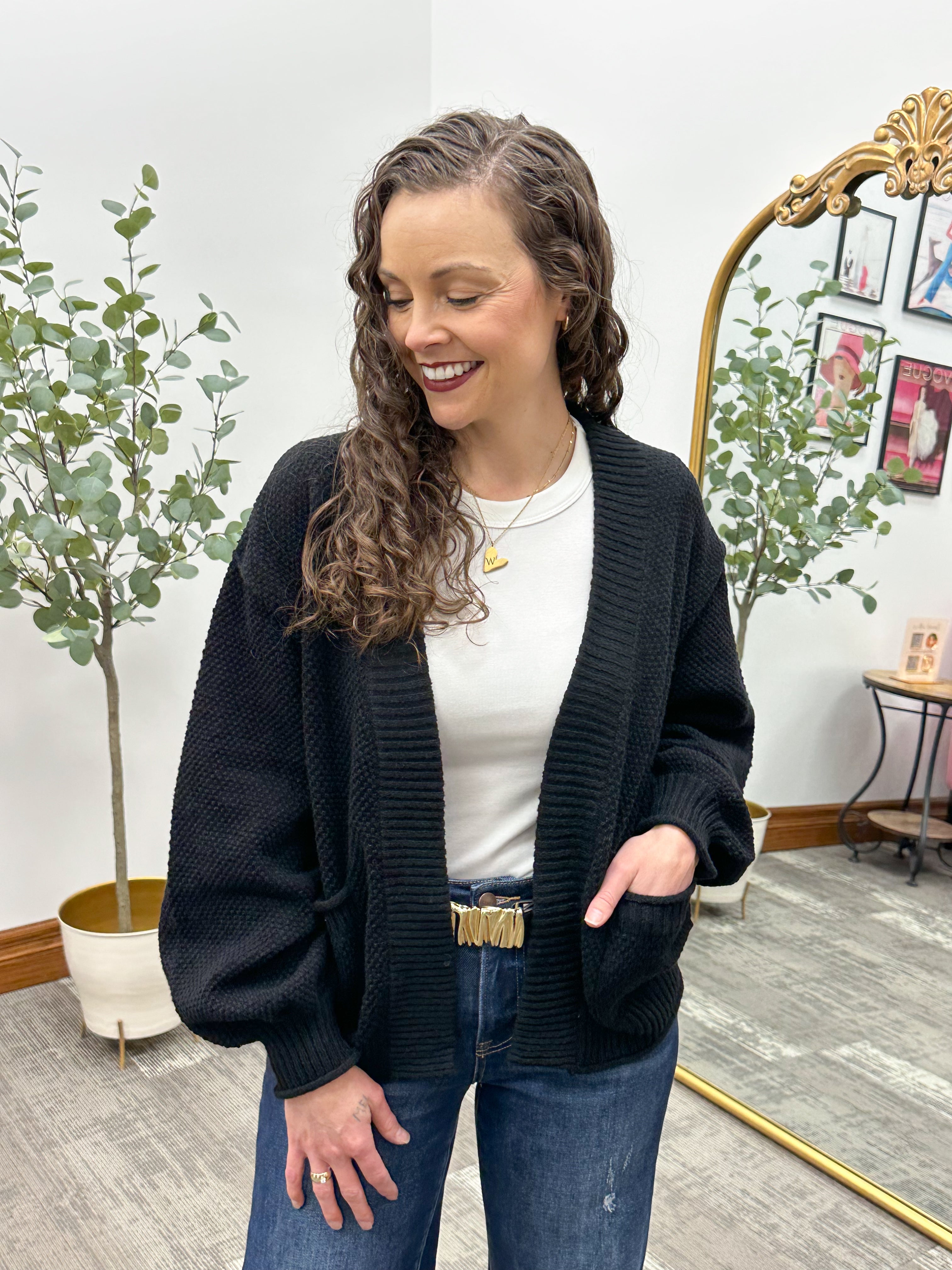 Black Waffle Knit Front Pocket Cardigan