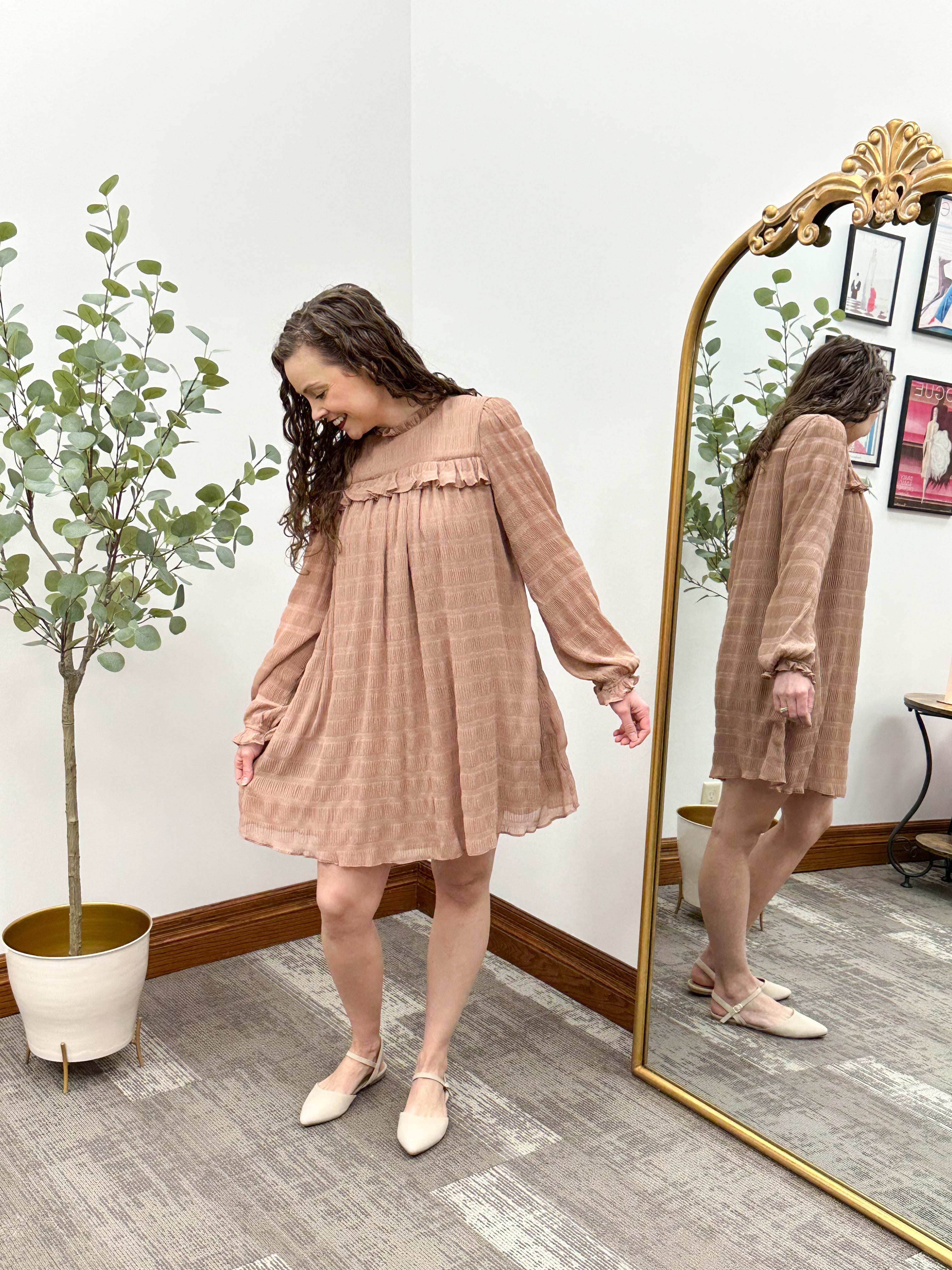 Textured Long Sleeve Mini Dress