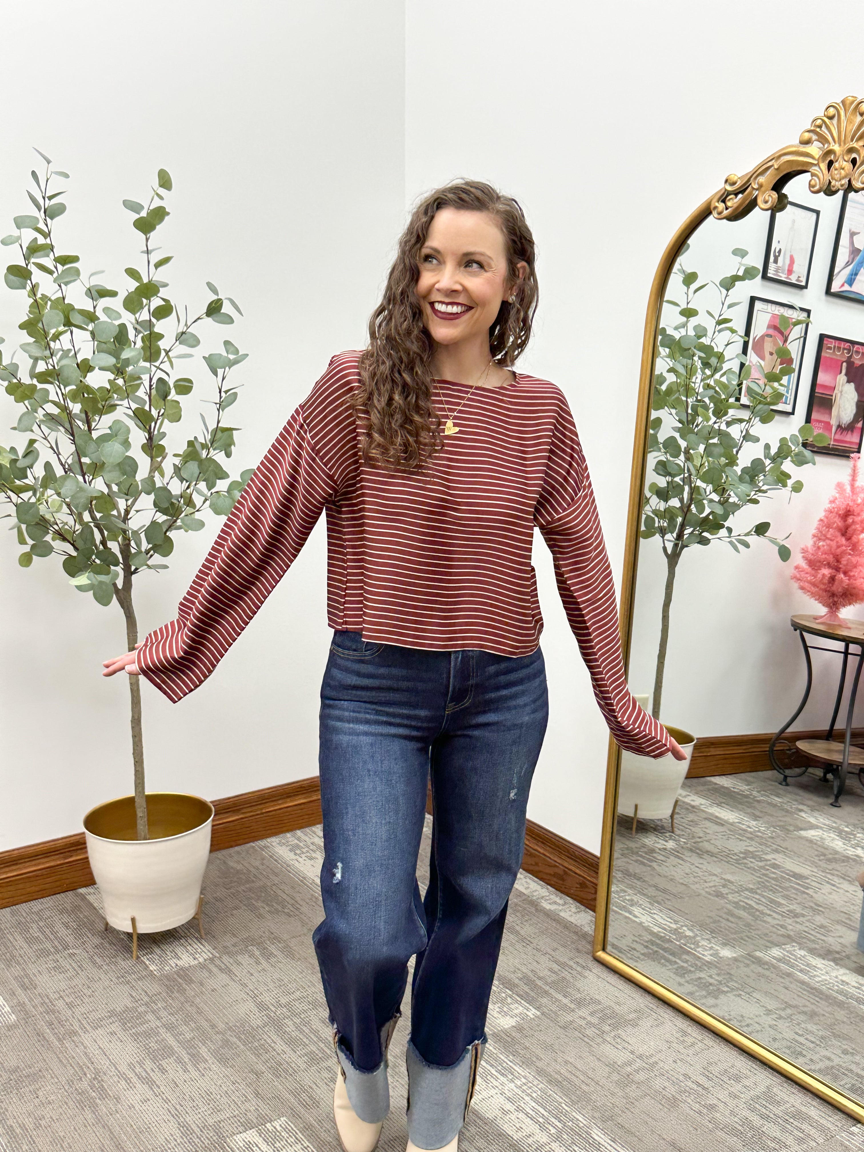 Burgundy & Cream Striped Cropped Blouse