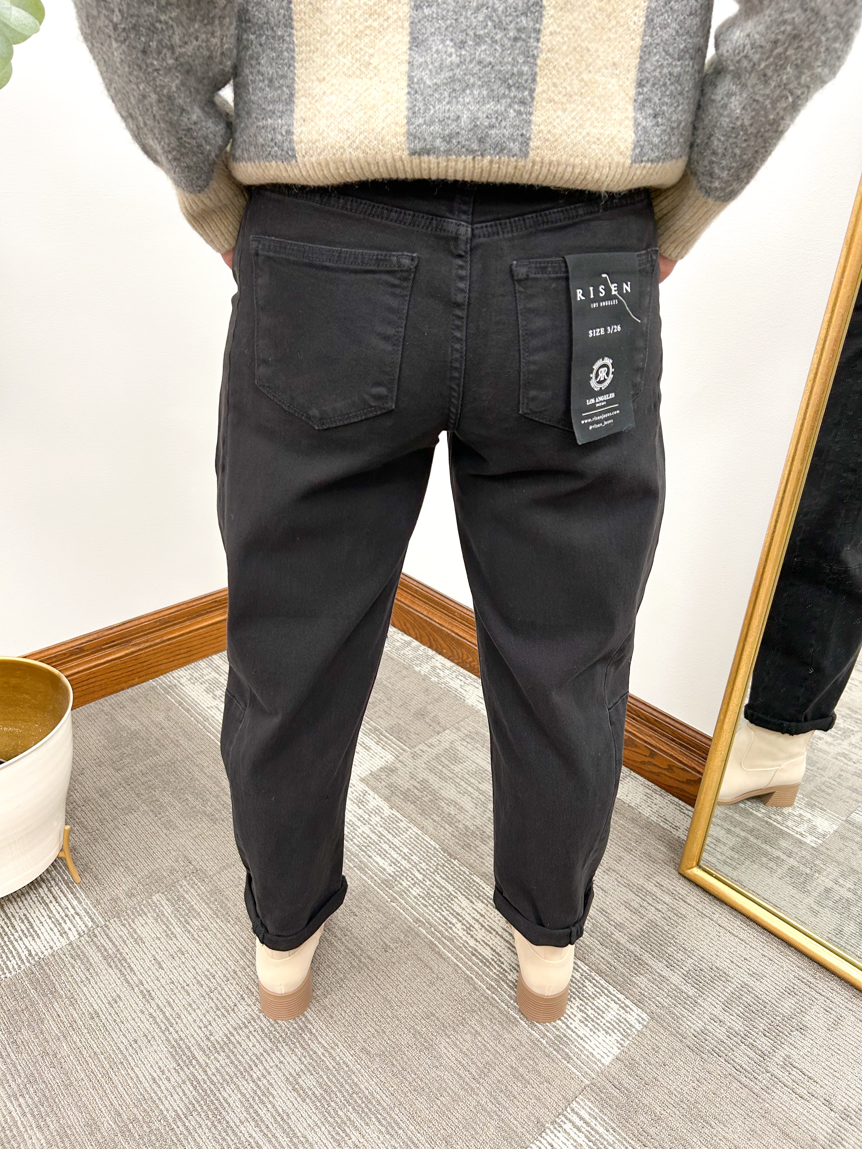 High Rise Cuffed Black Barrel Jeans