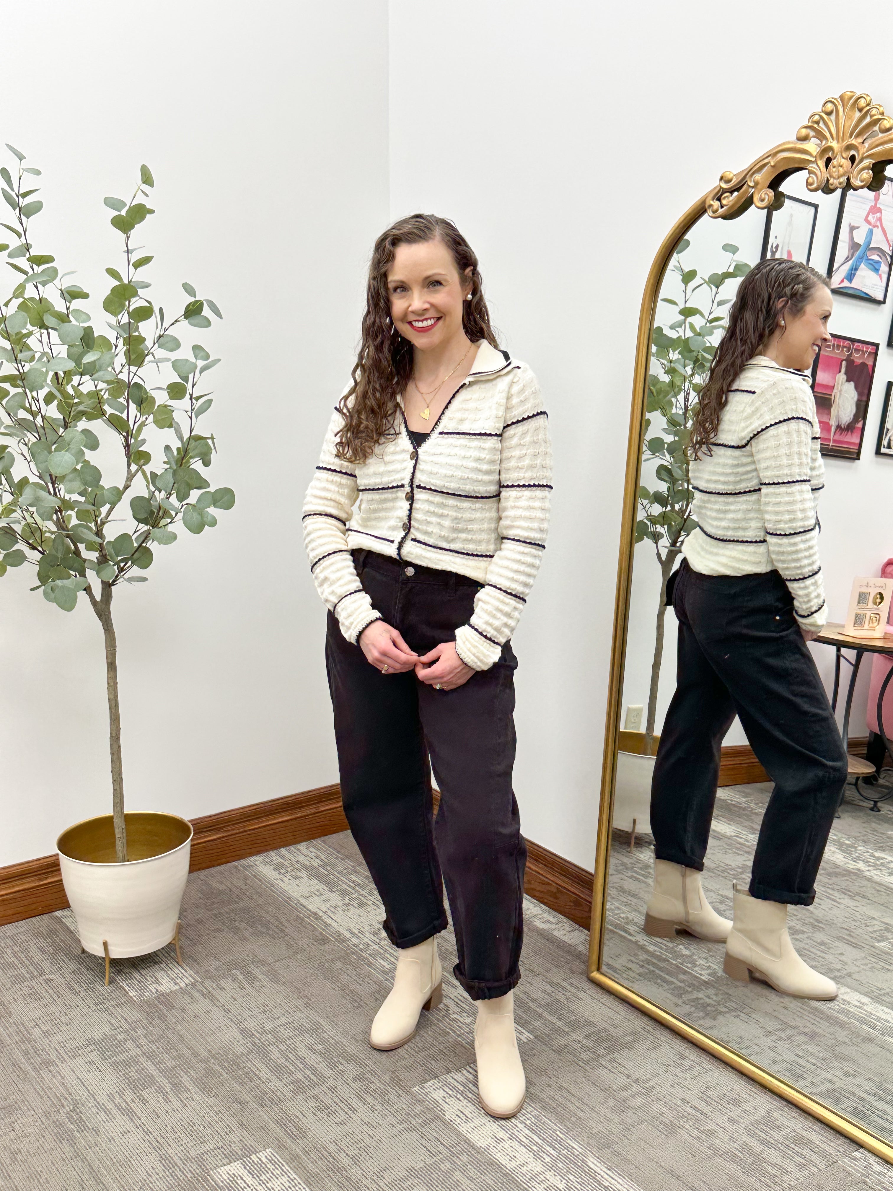 Black Striped Textured Button Cardigan