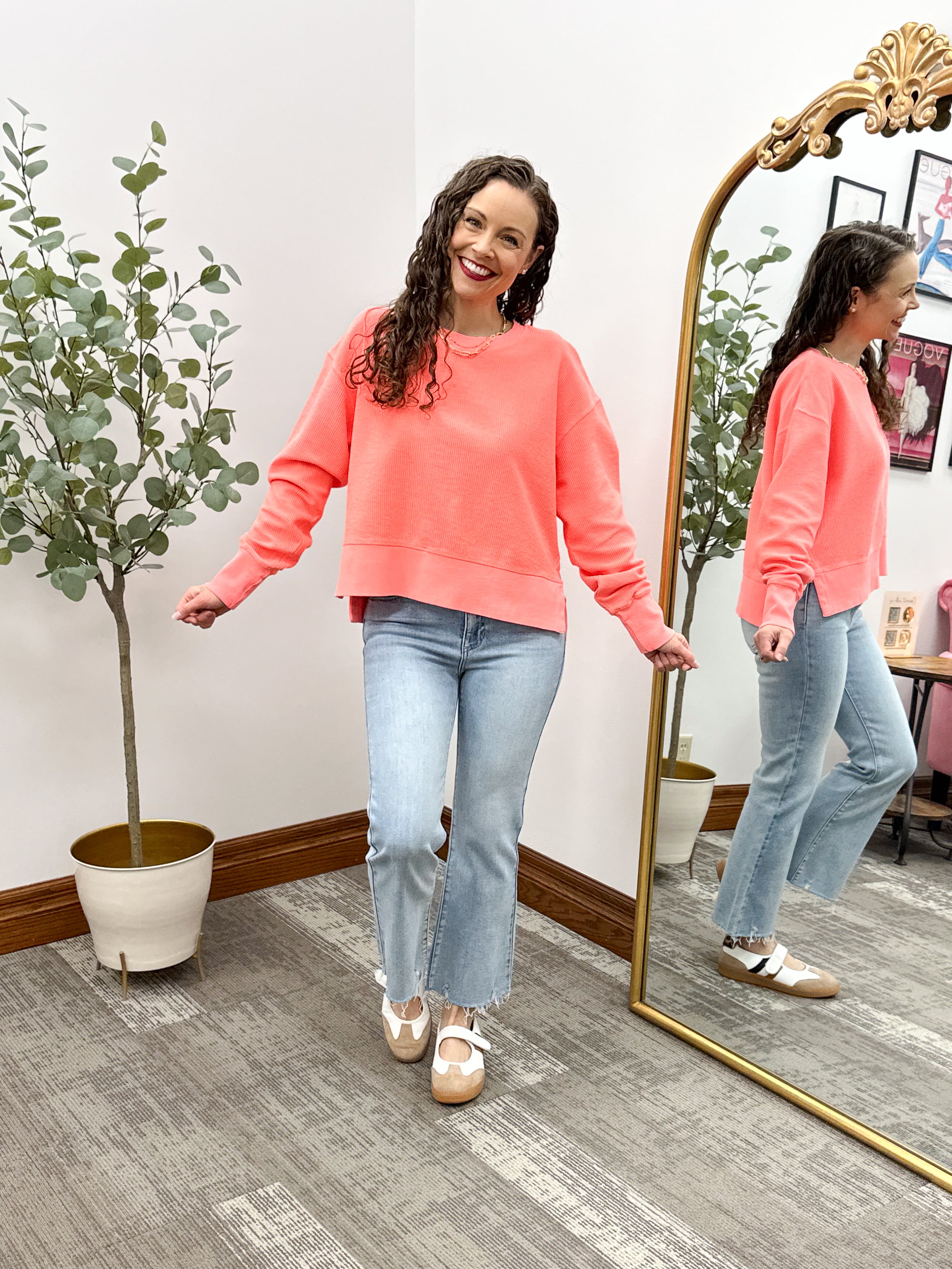 Neon Coral Split Hem Corded Crewneck