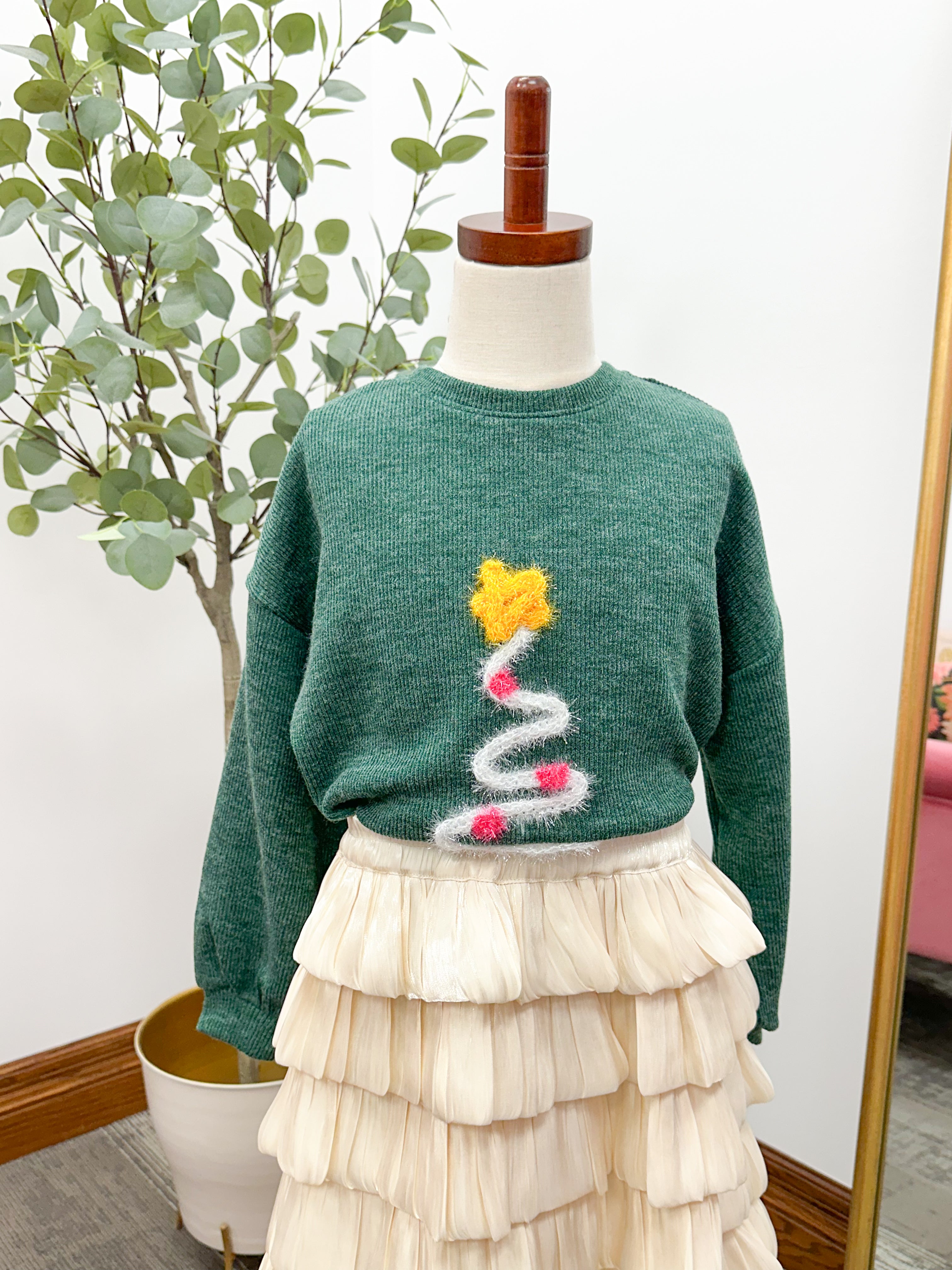 Girls Green Tinsel Christmas Tree Sweater