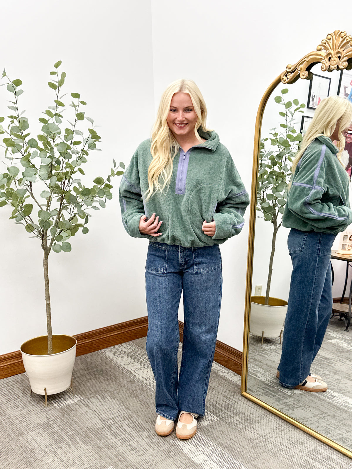 Contrast Trim Sherpa Pullover