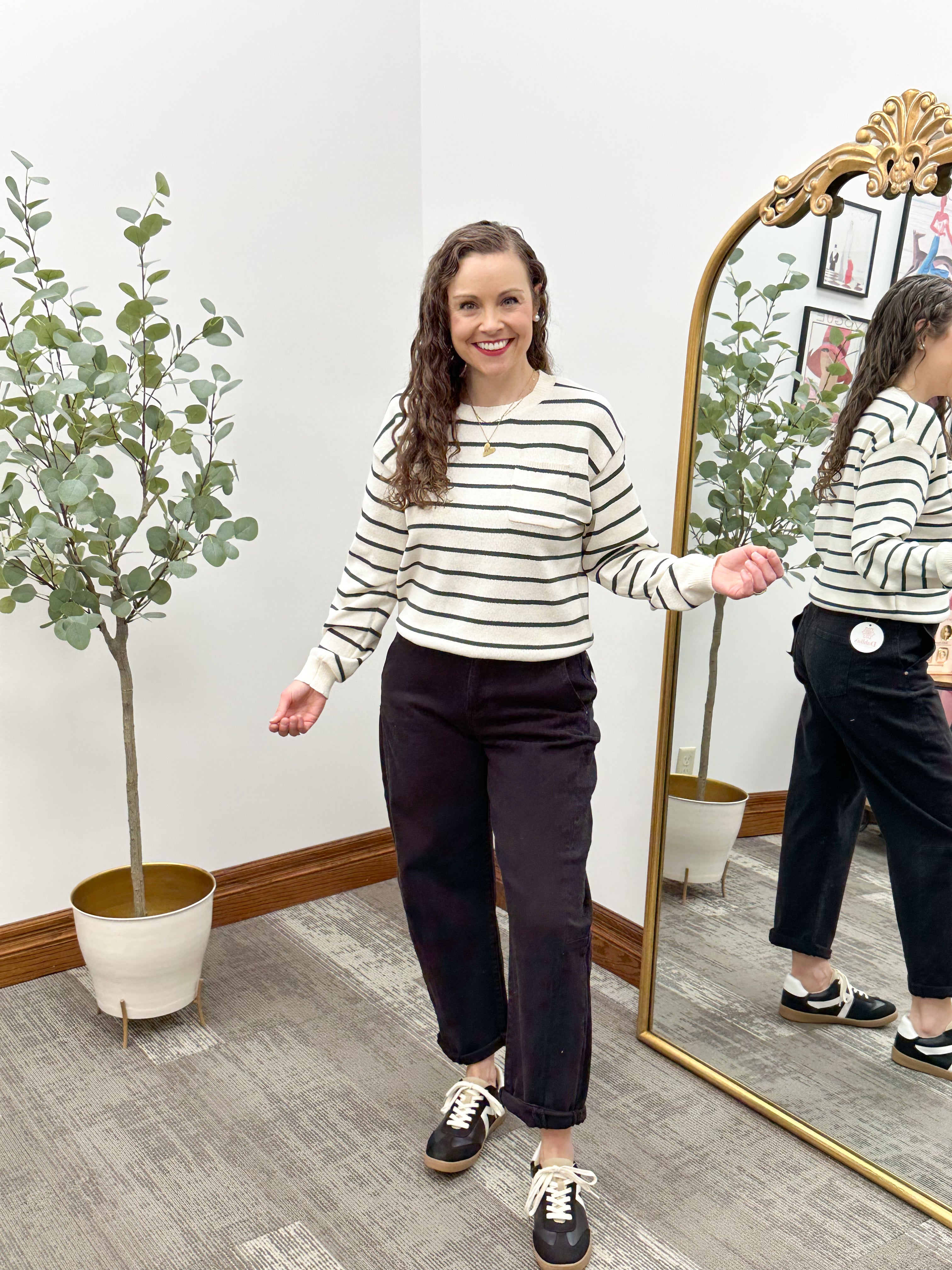 Cream & Green Striped Sweater