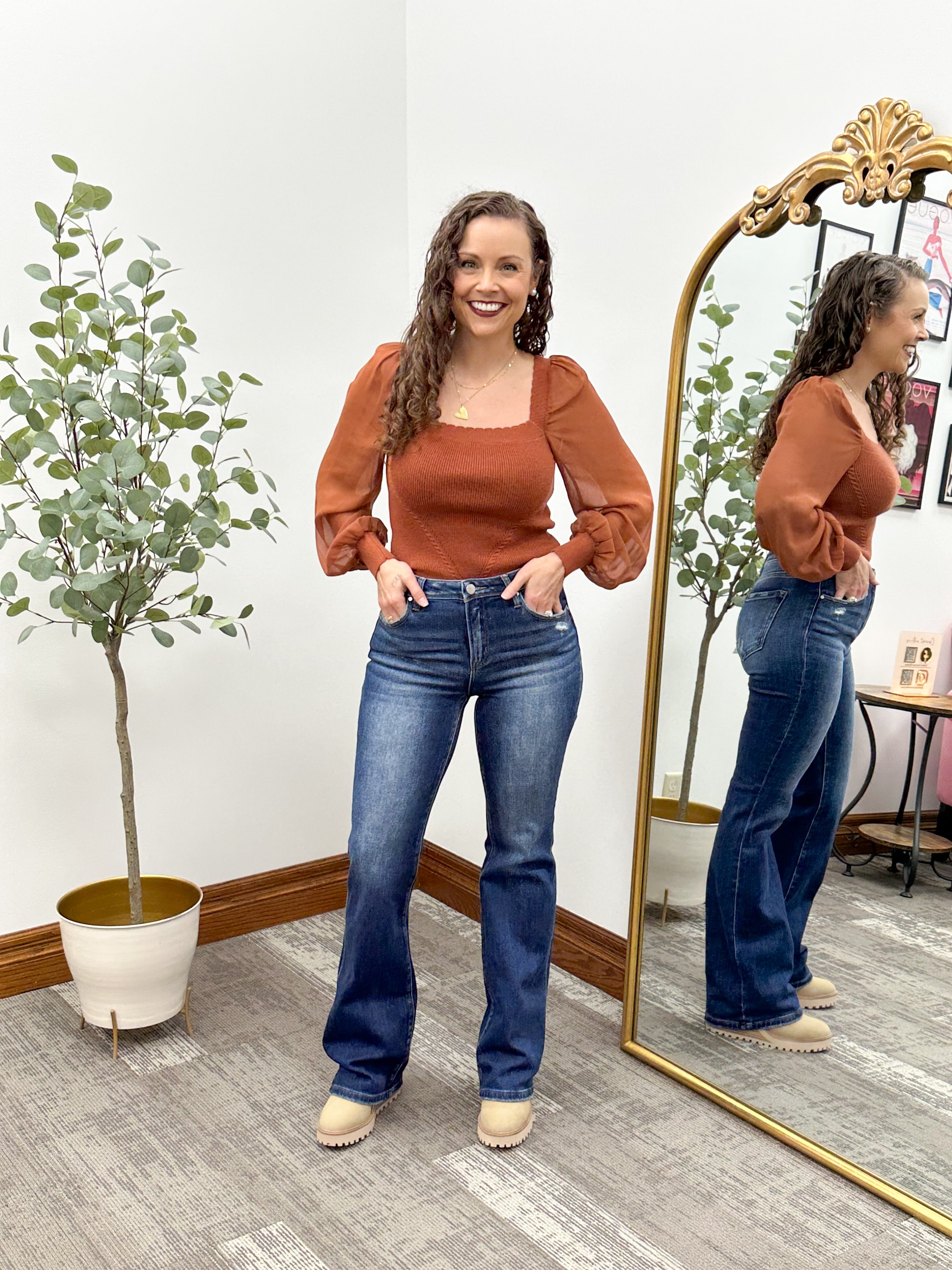 Rust Chiffon Sleeve Sweater Top