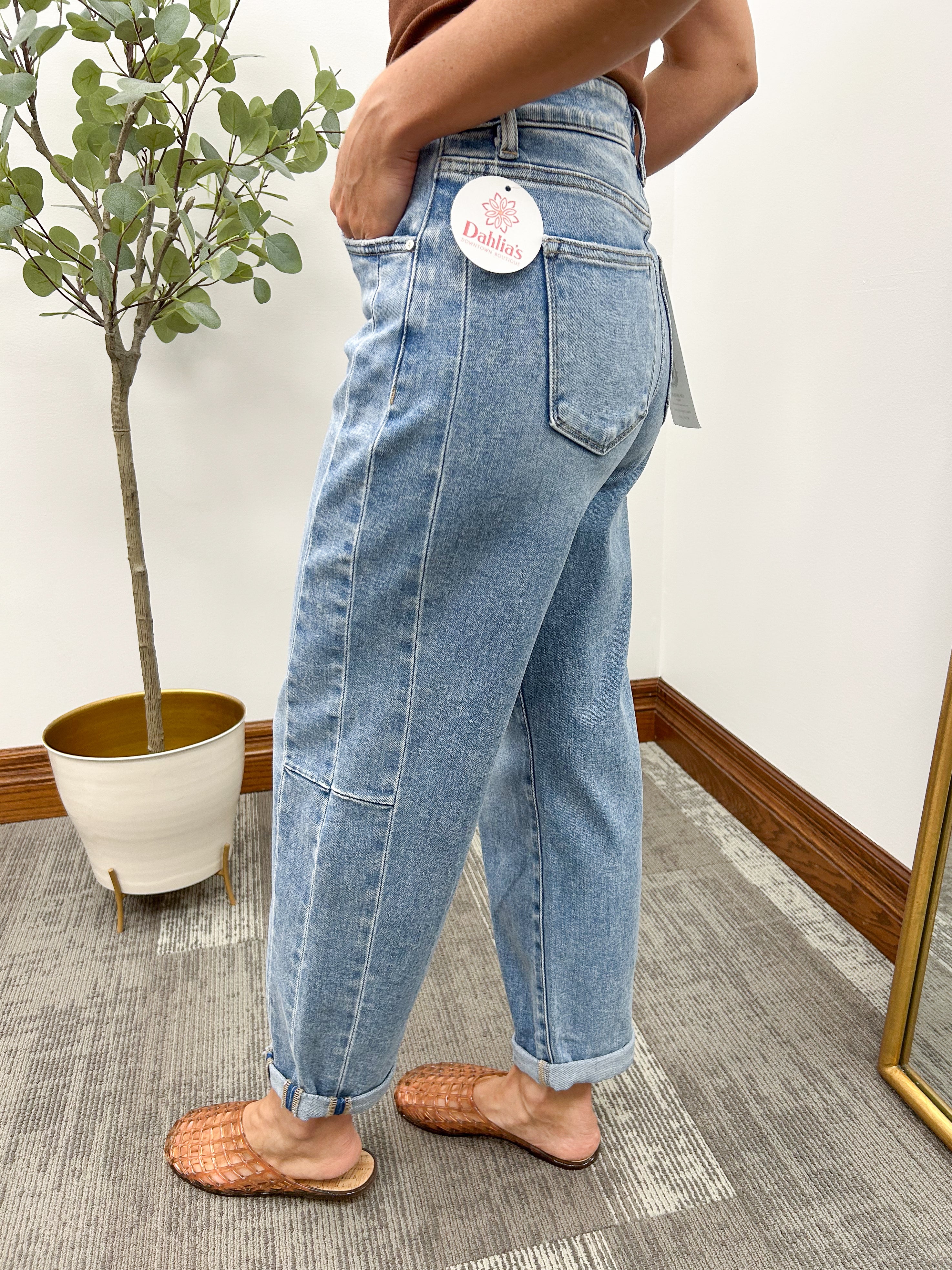 Medium Wash HR Barrel Cuffed Jeans