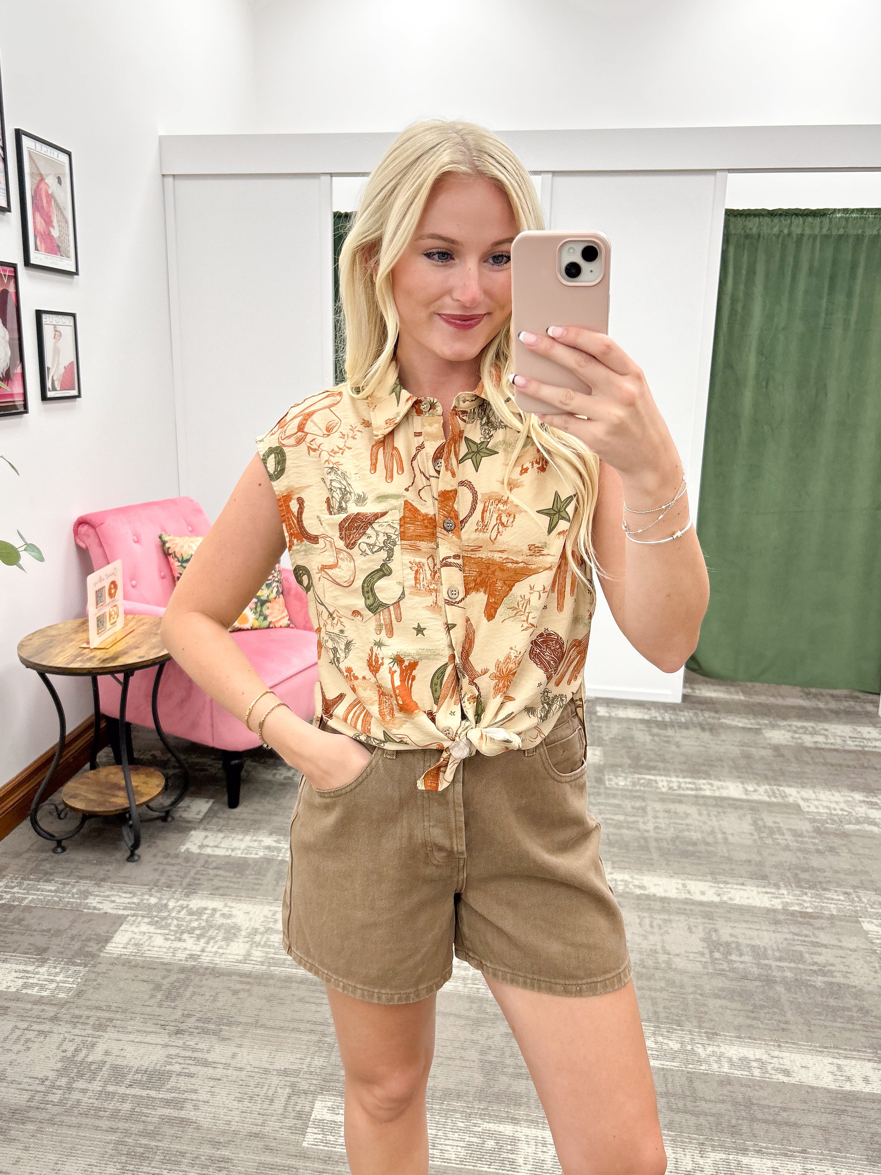 Western Print Button Up Top