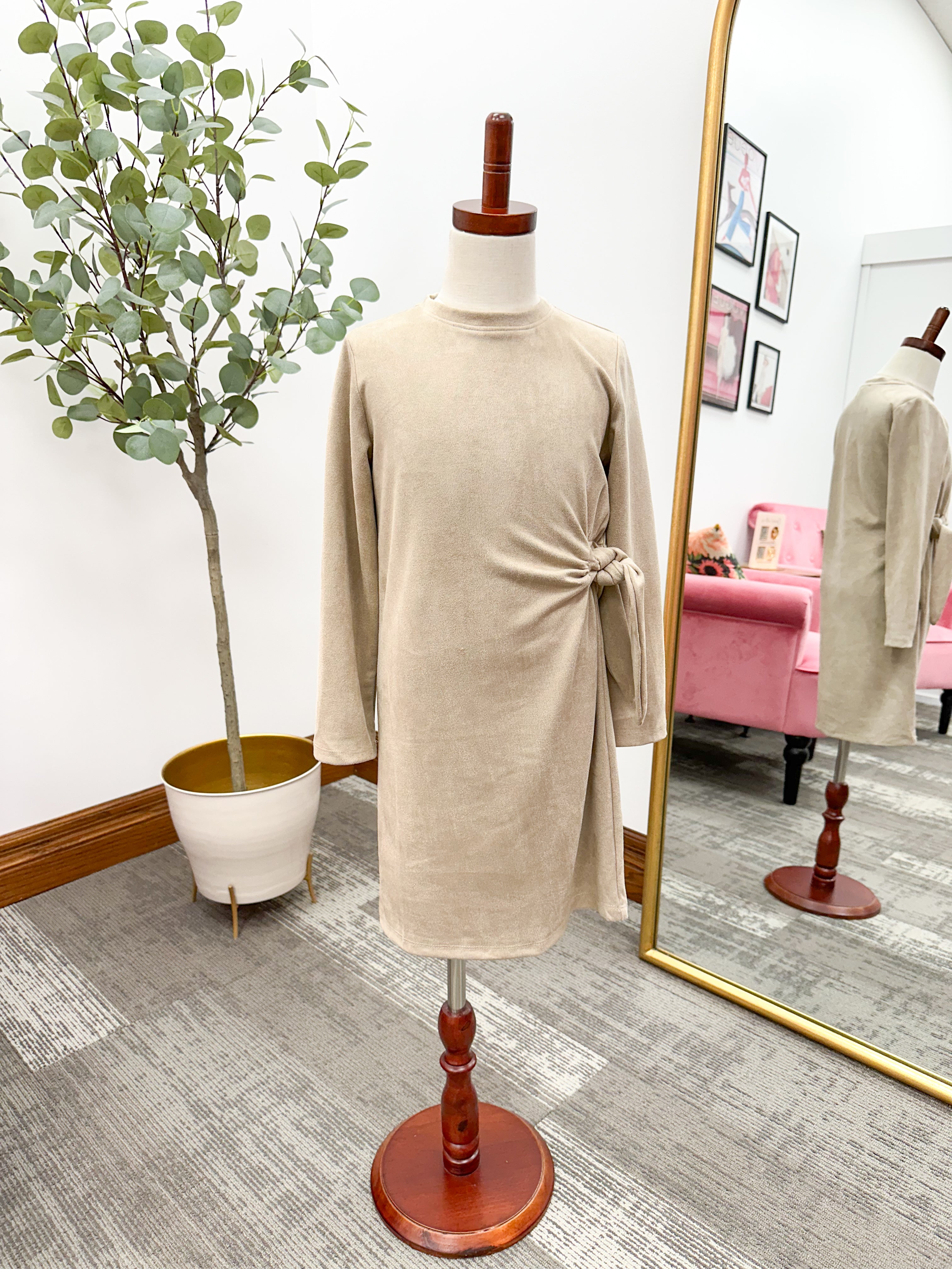Girls Taupe Suede Tie Dress