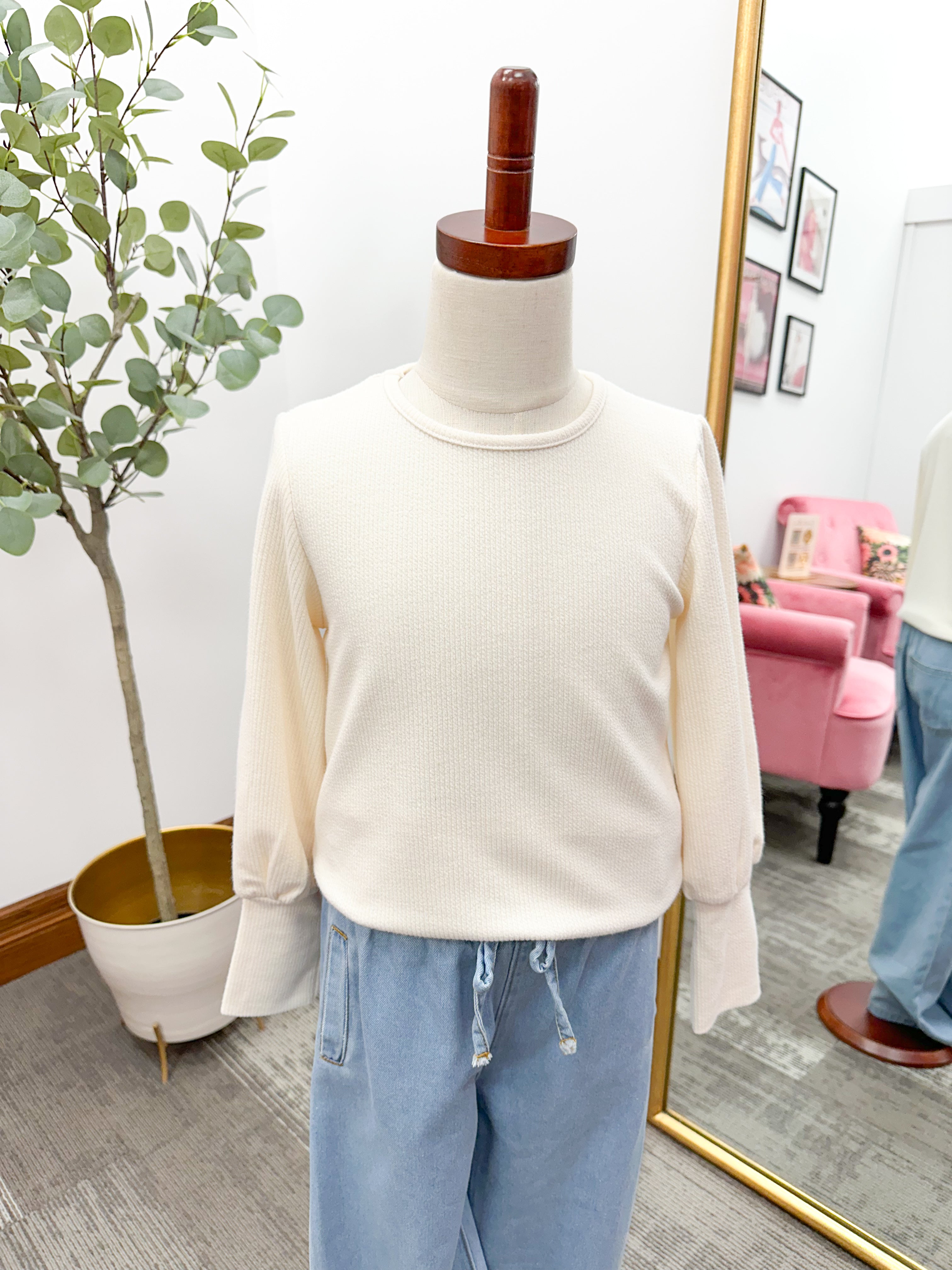Girls Cream Ribbed Long Sleeve Top