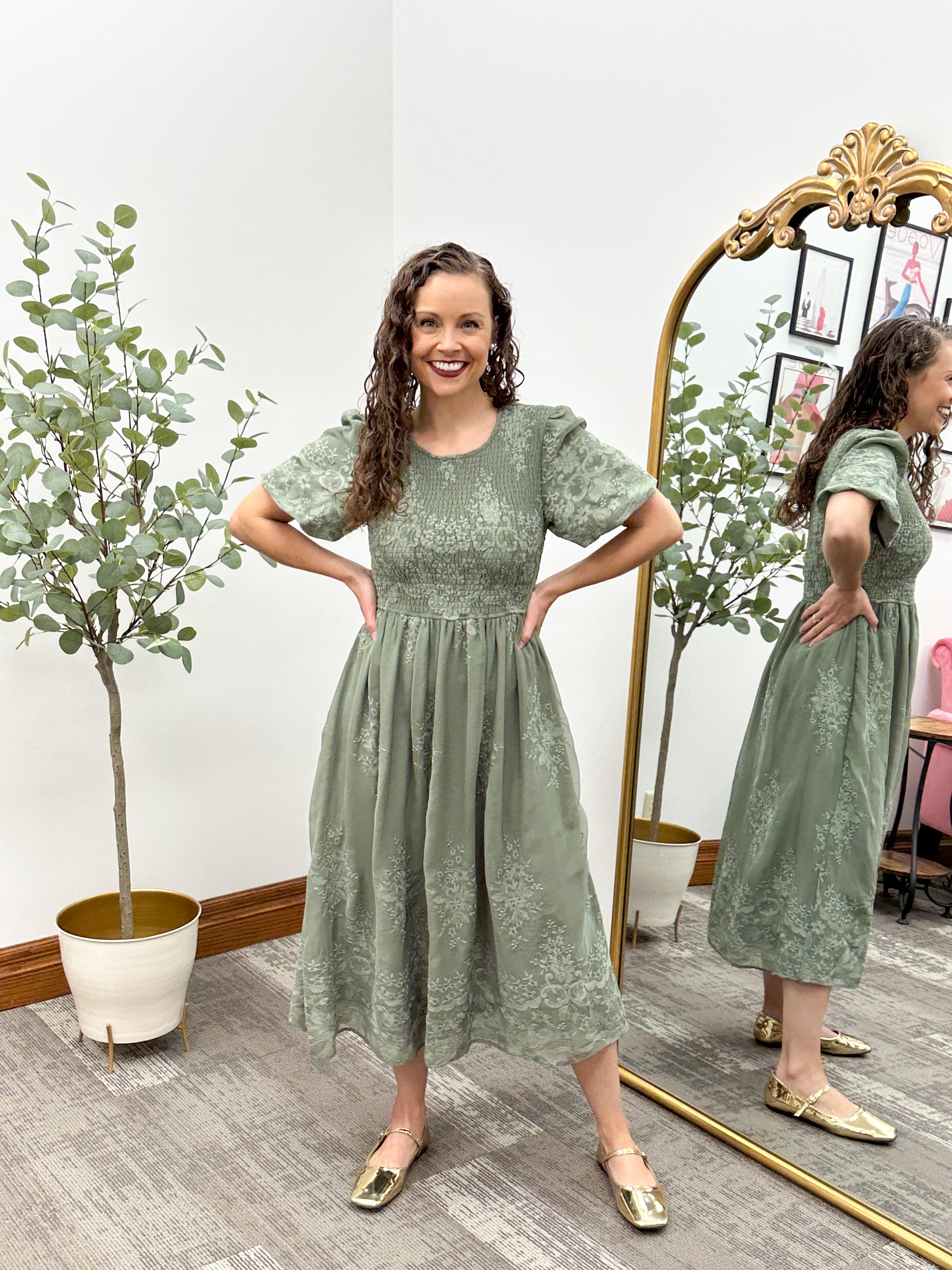 Olive Floral Embroidered Midi Dress