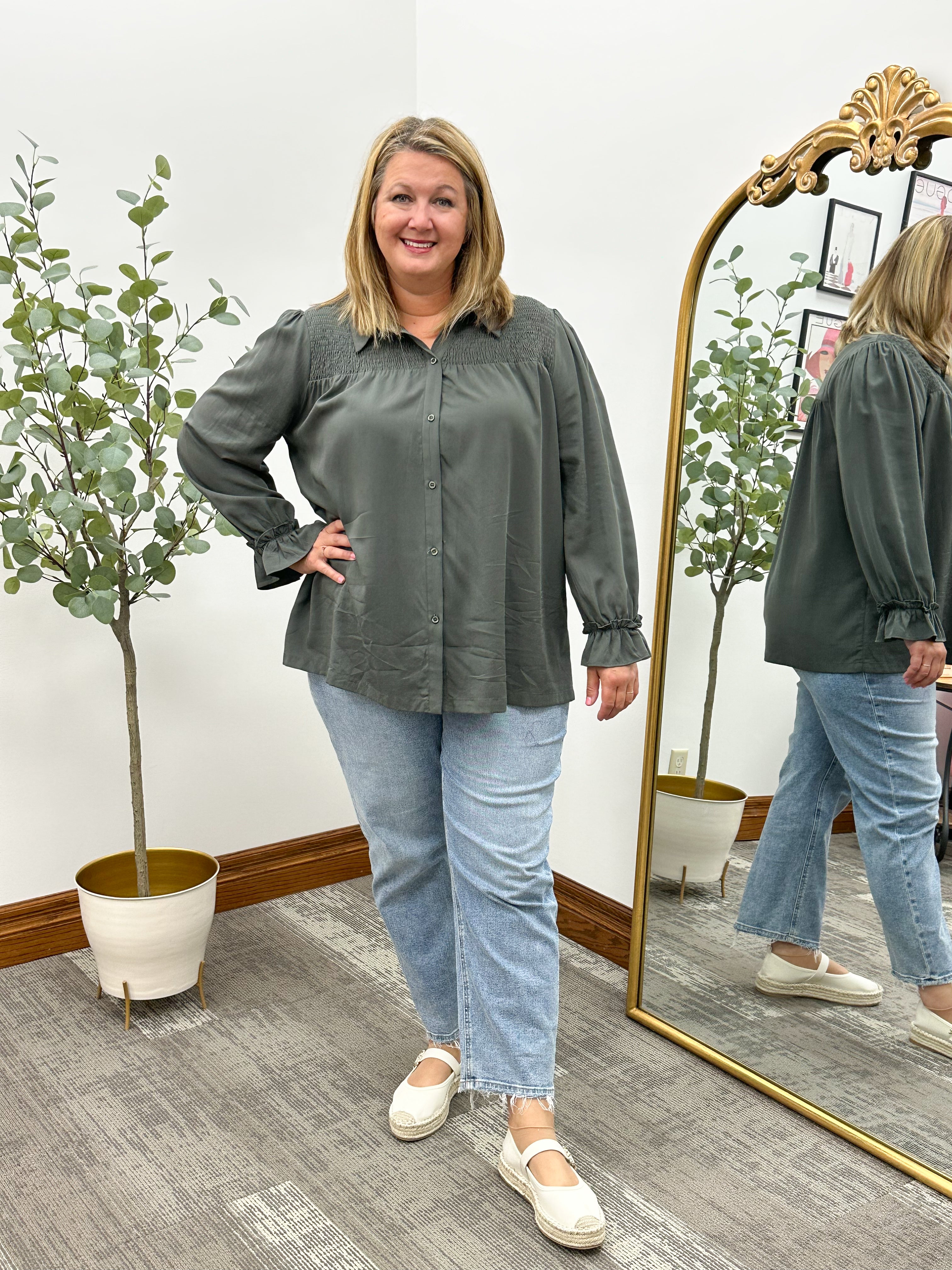 Smocked Button Up Tencel Top