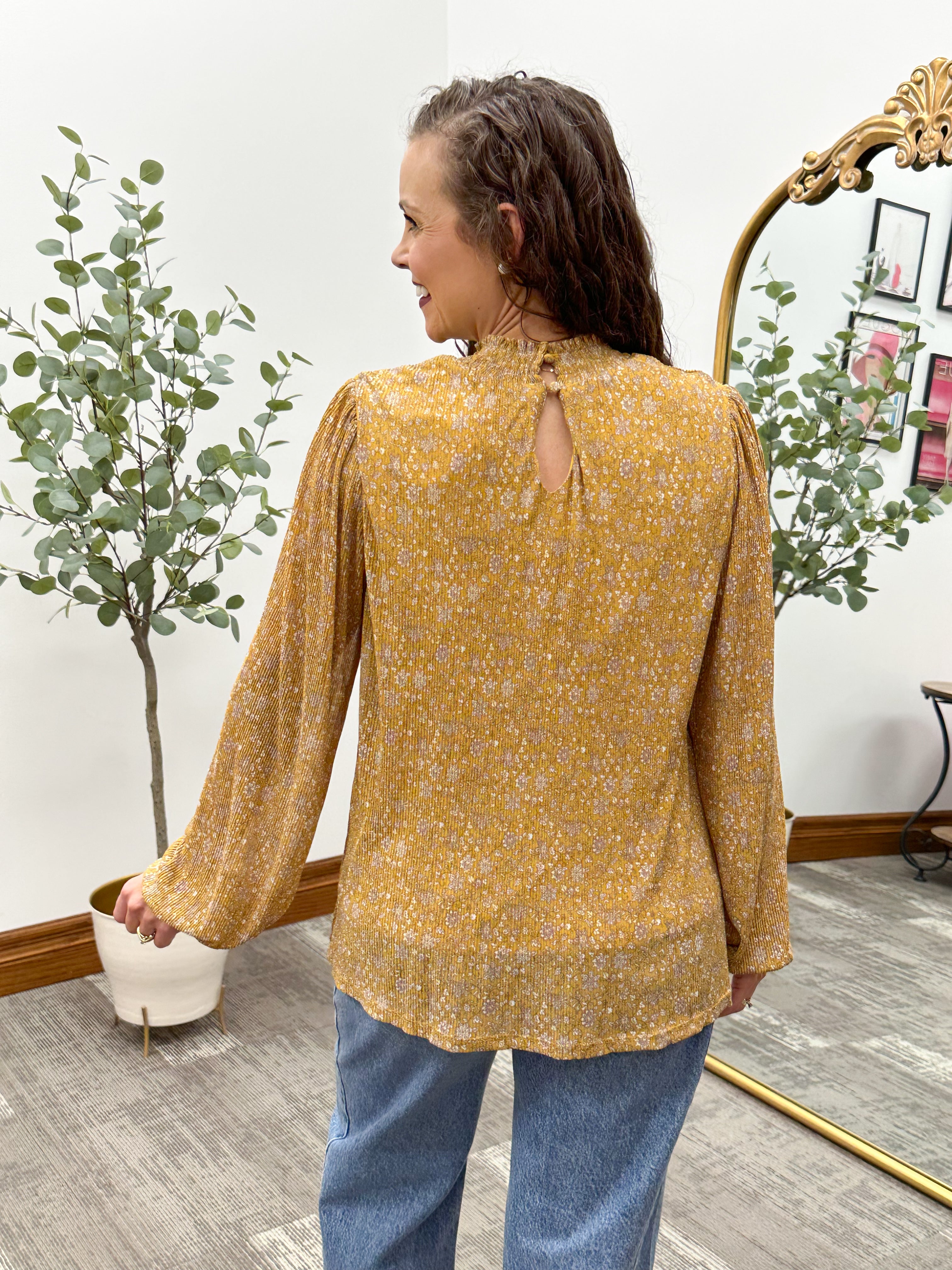 Floral Mustard Pleated Blouse