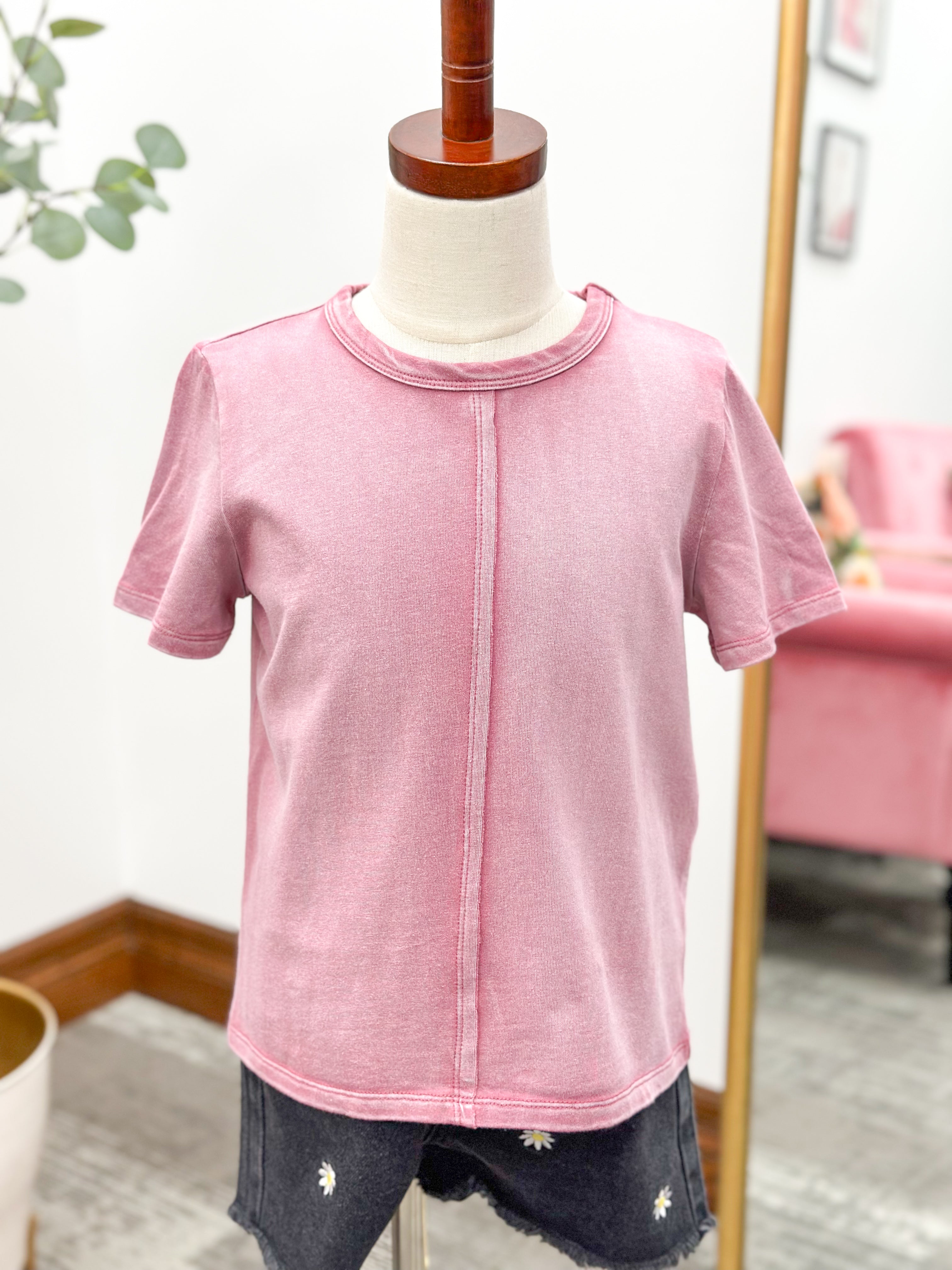 Girls Washed Magenta Basic T-shirt
