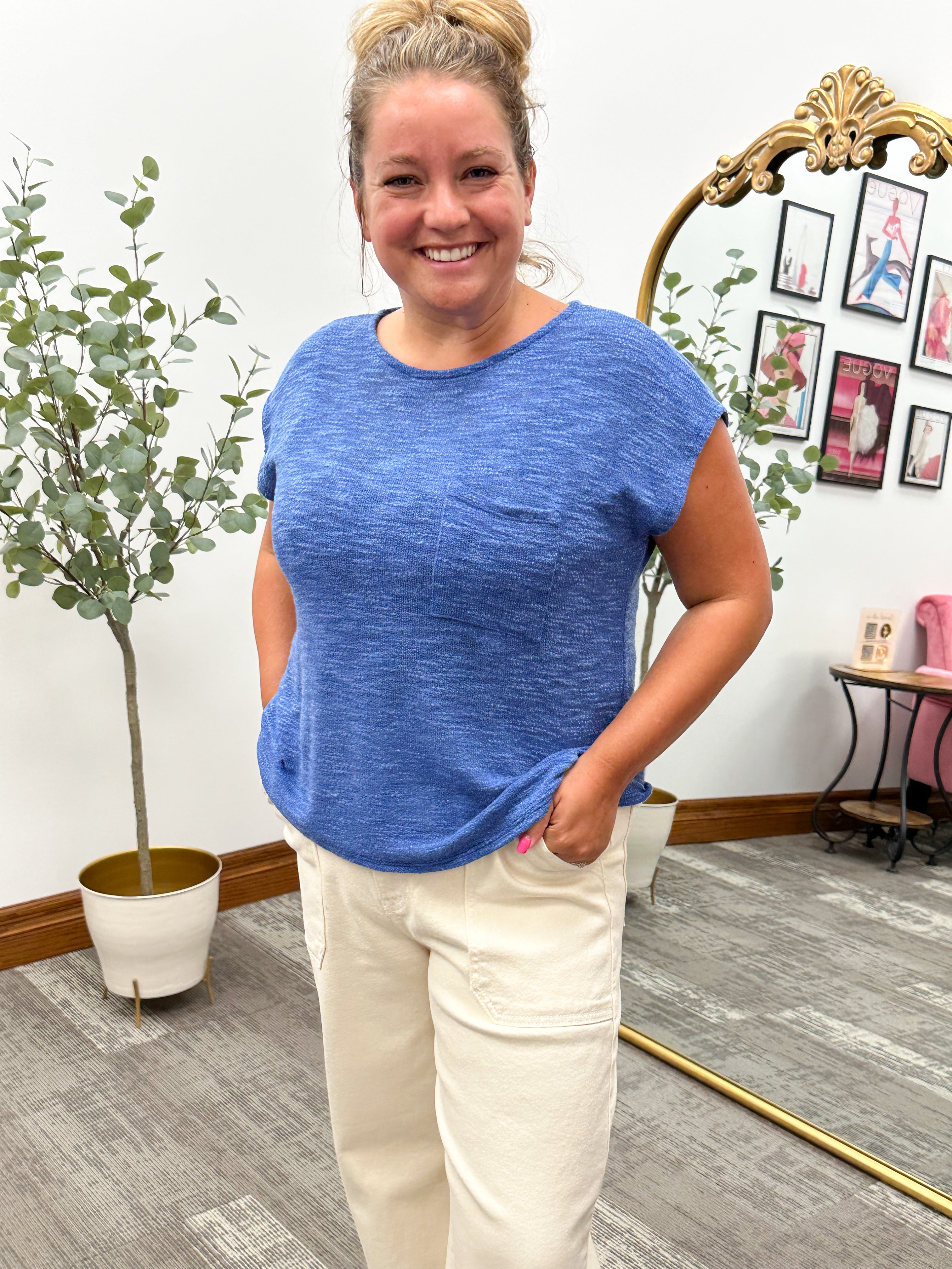 Blue Short Sleeve Knit Top