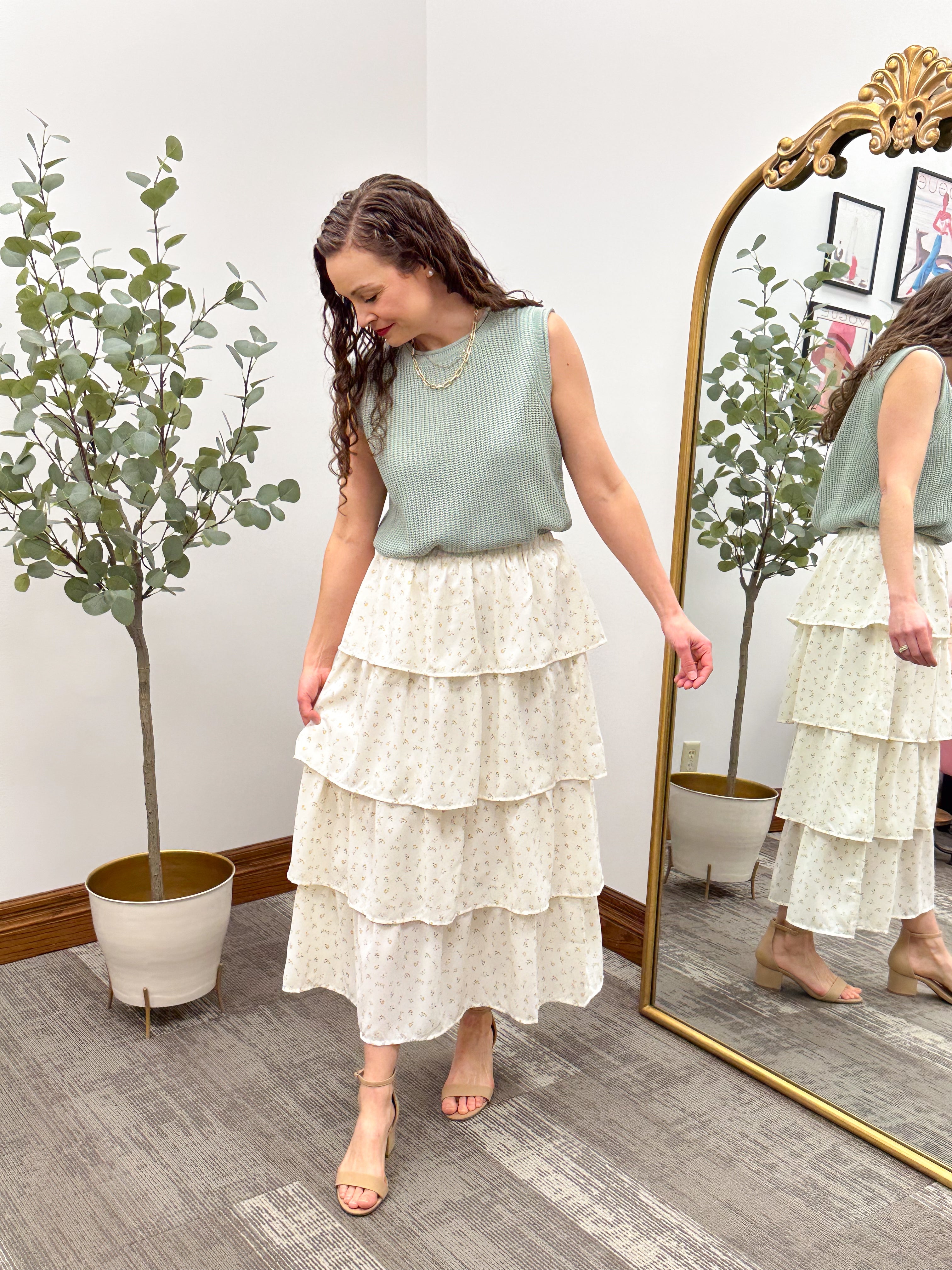 Ditsy Floral Tiered Ruffle Midi Skirt