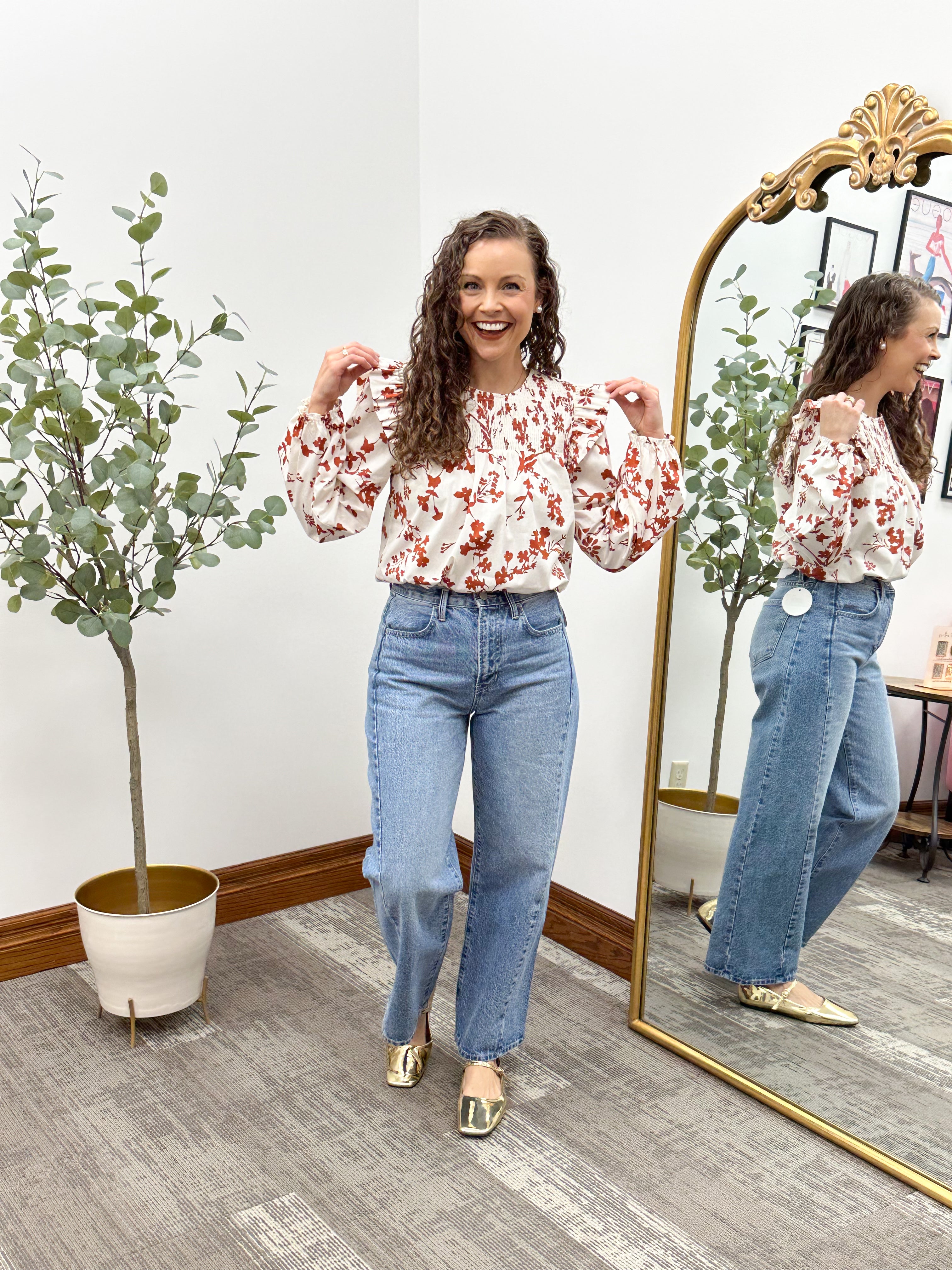 Ivory & Rust Floral Ruffle Blouse