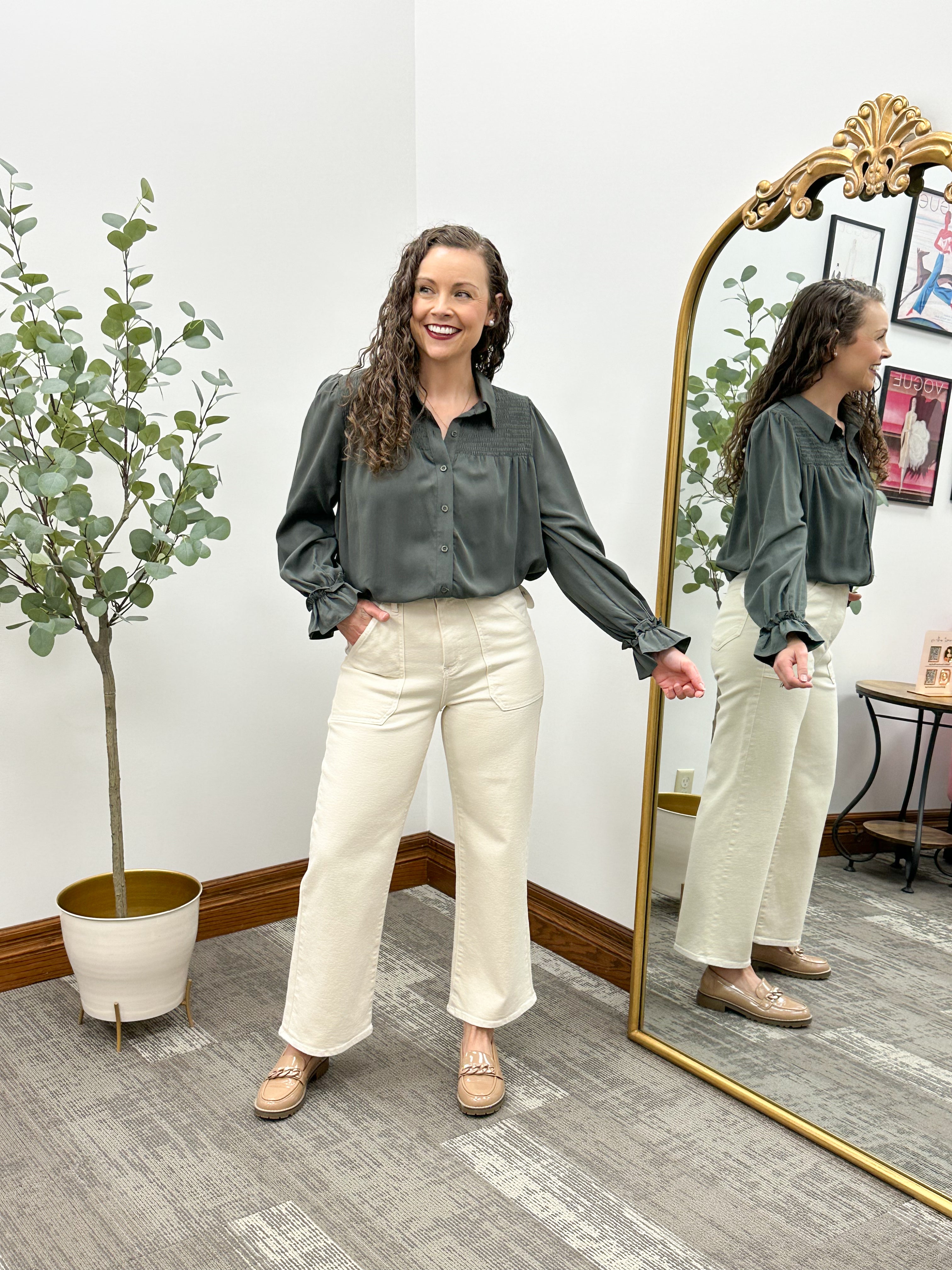 Smocked Button Up Tencel Top