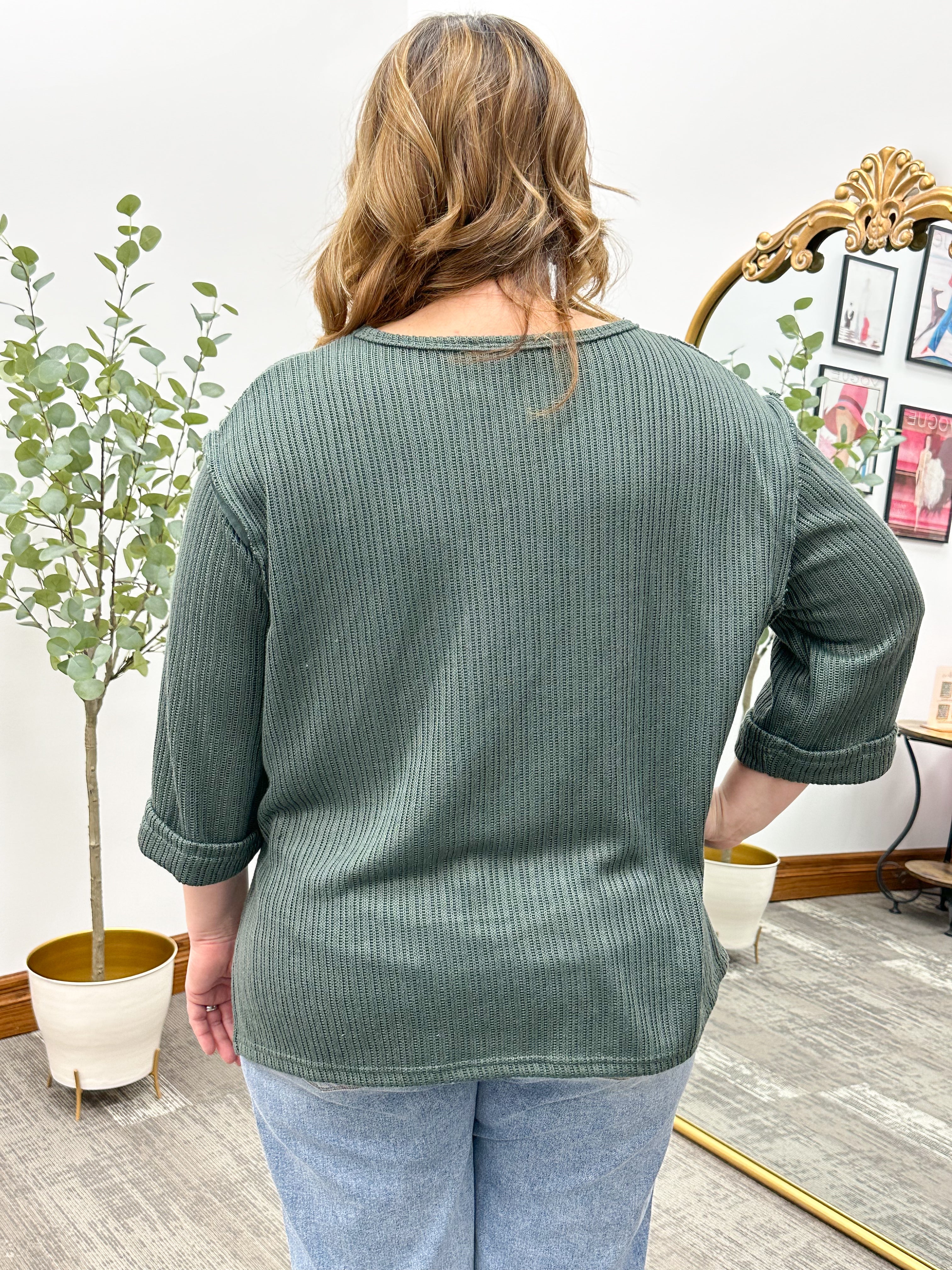 Oversized 3/4 Sleeve Dark Teal Knit Top