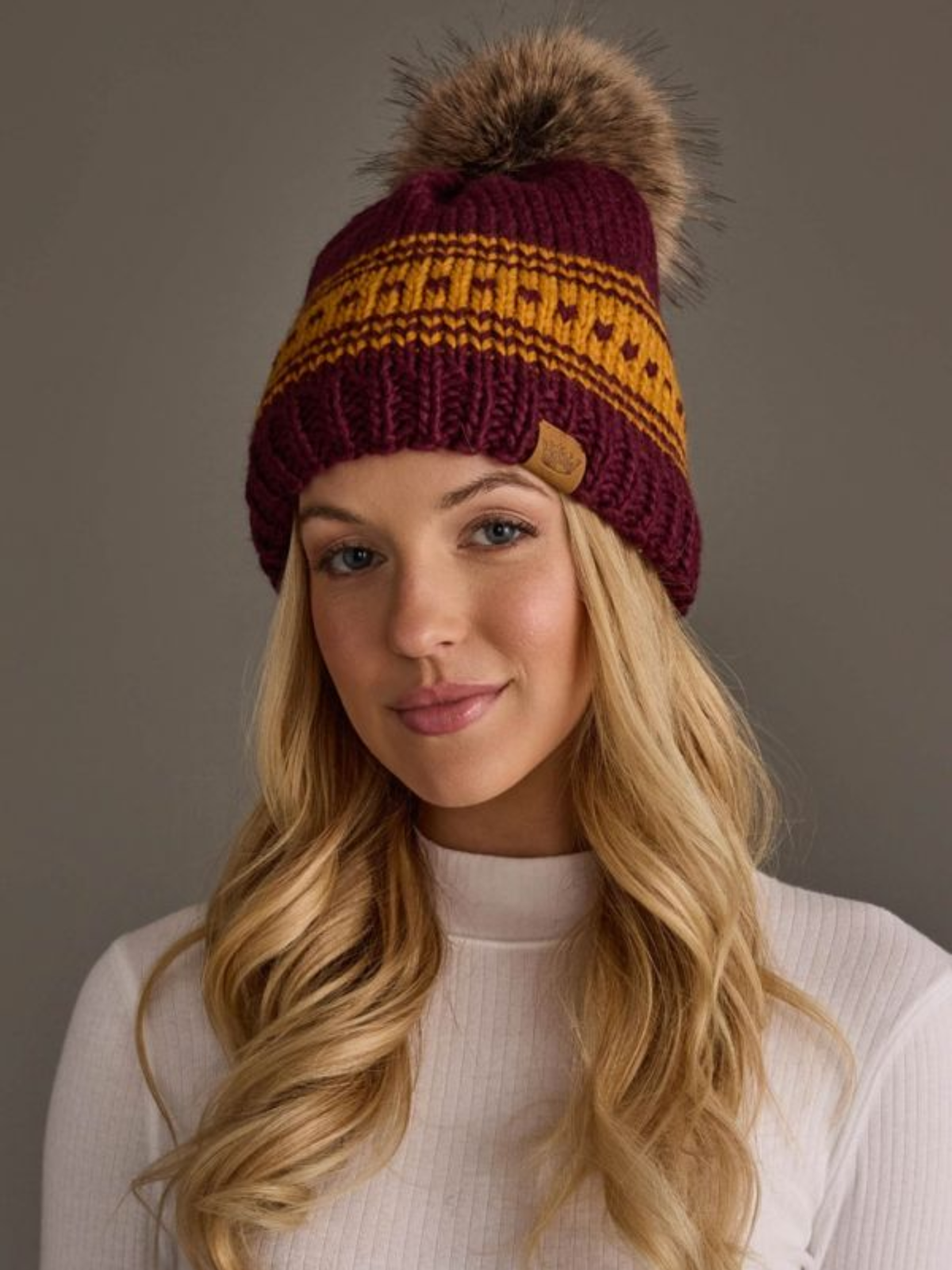 Maroon & Gold Patterned Knit Pom Hat