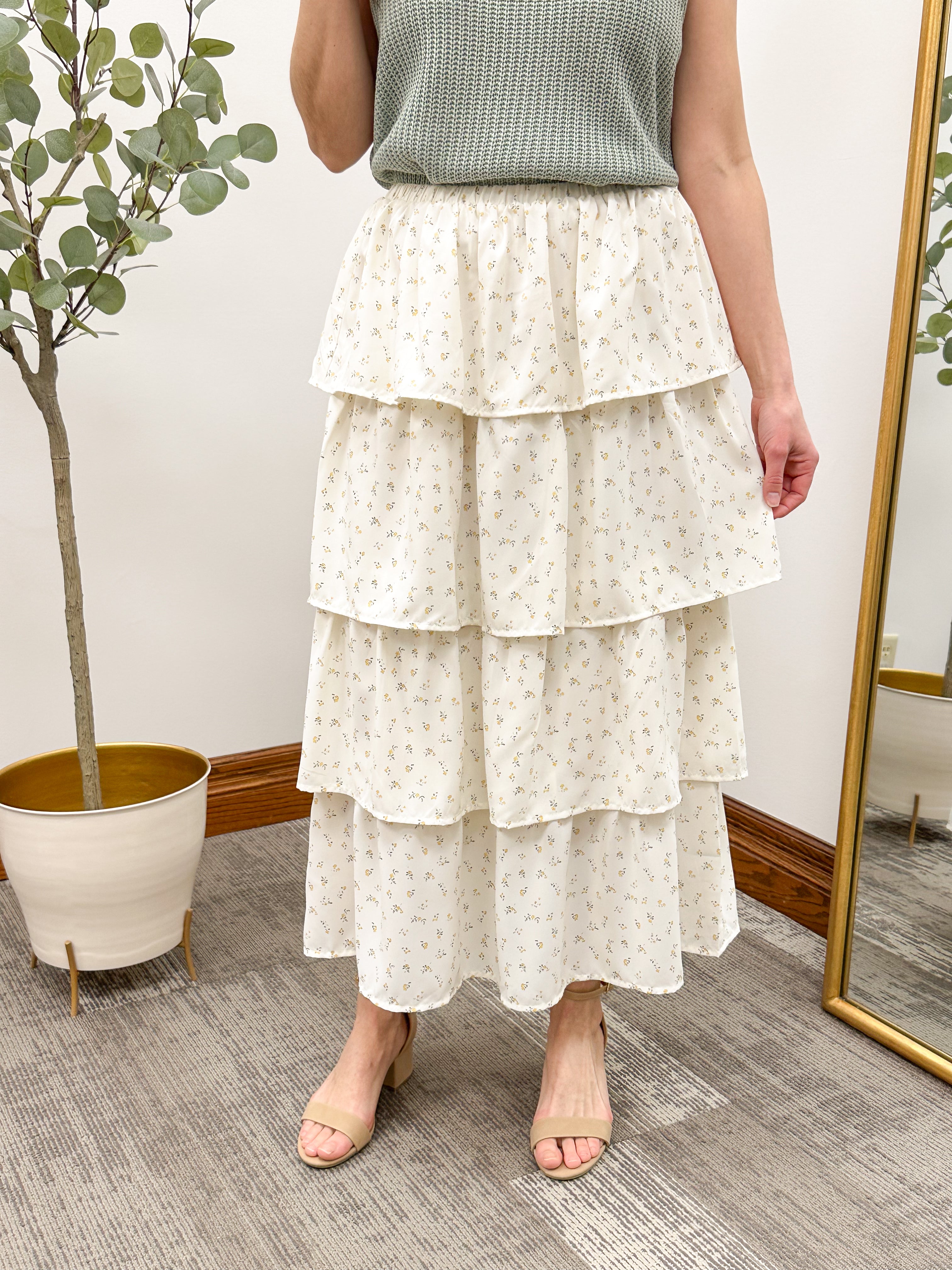 Ditsy Floral Tiered Ruffle Midi Skirt