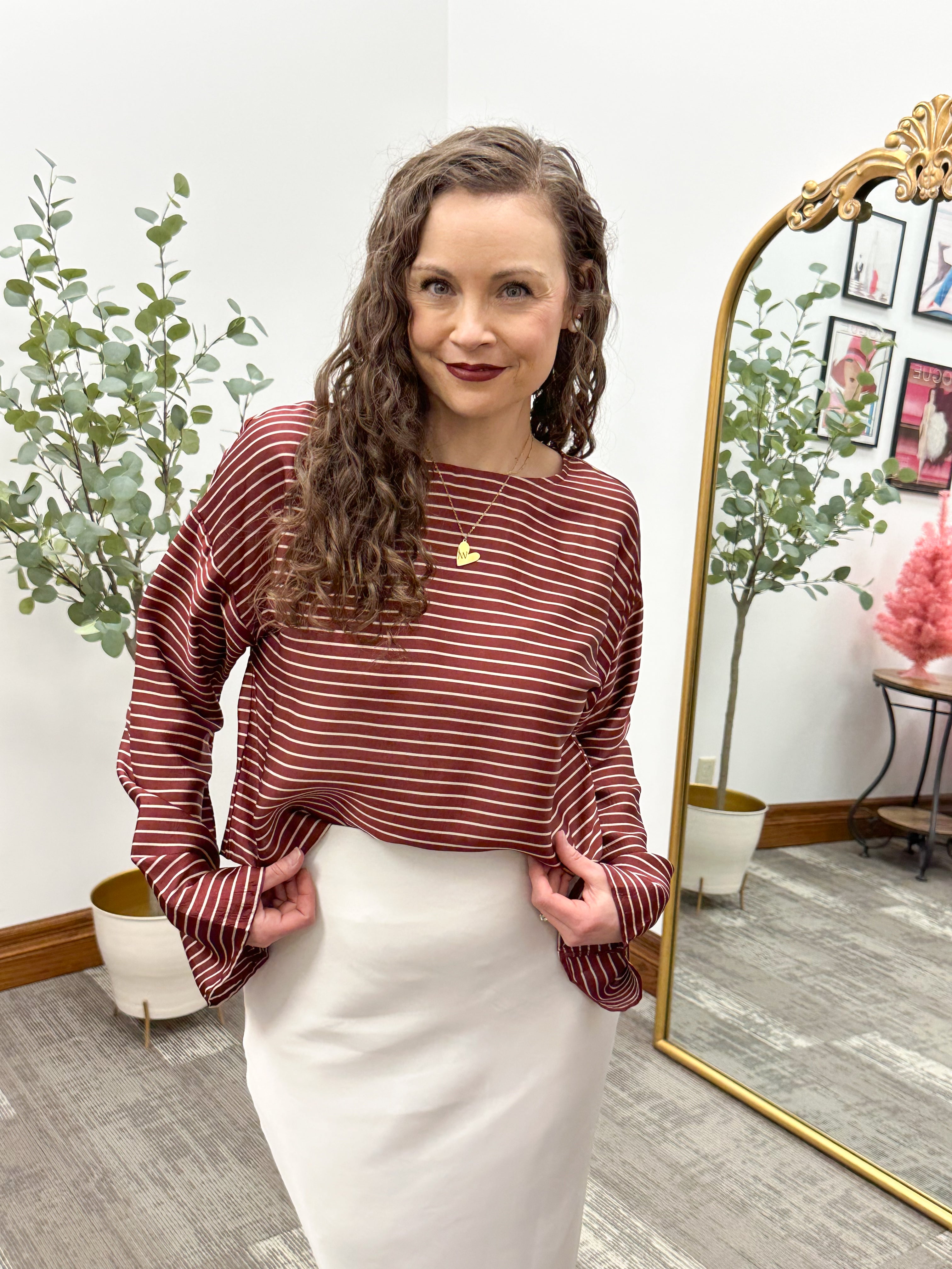 Burgundy & Cream Striped Cropped Blouse