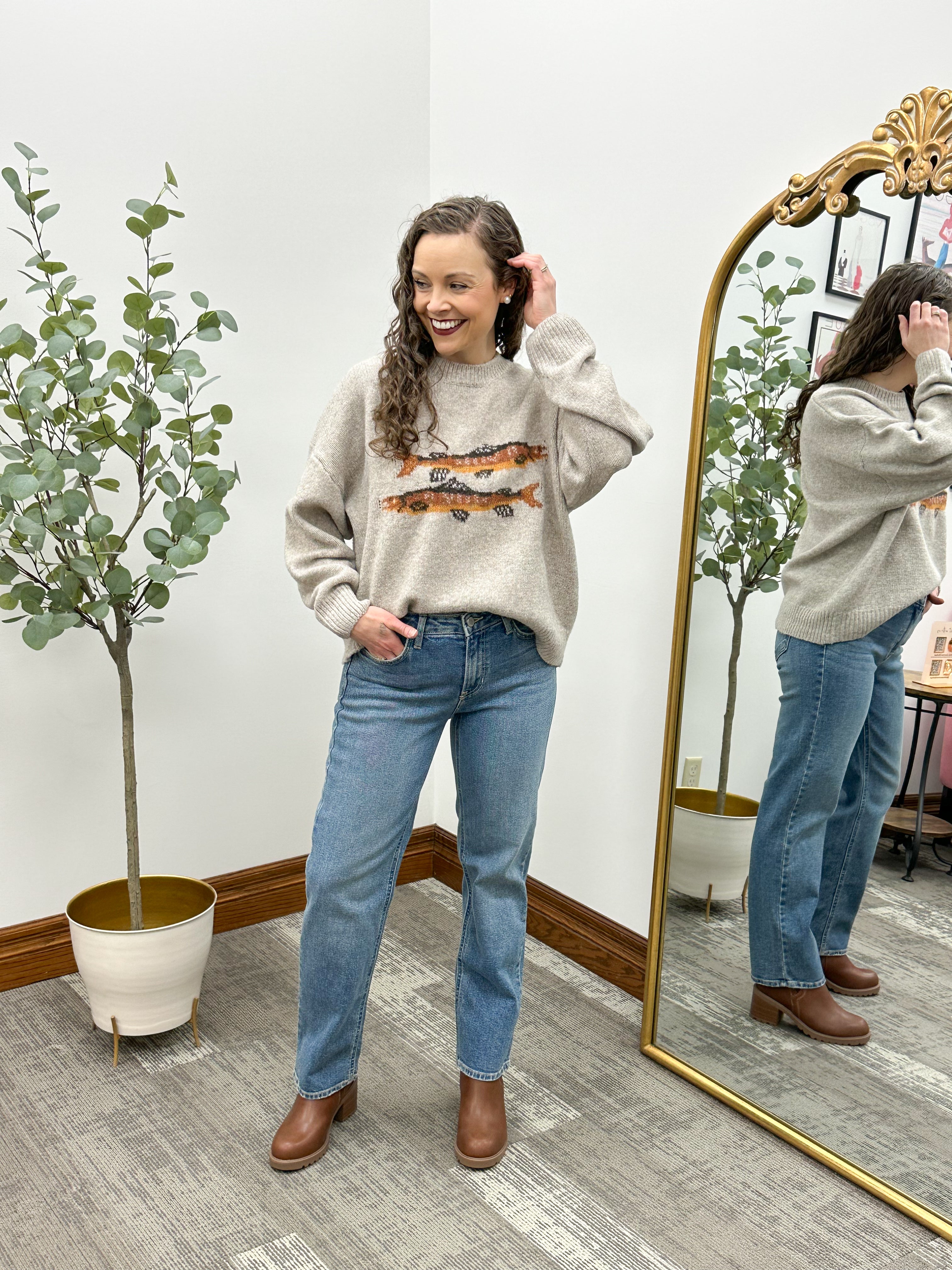 Taupe Drop Shoulder Fish Sweater