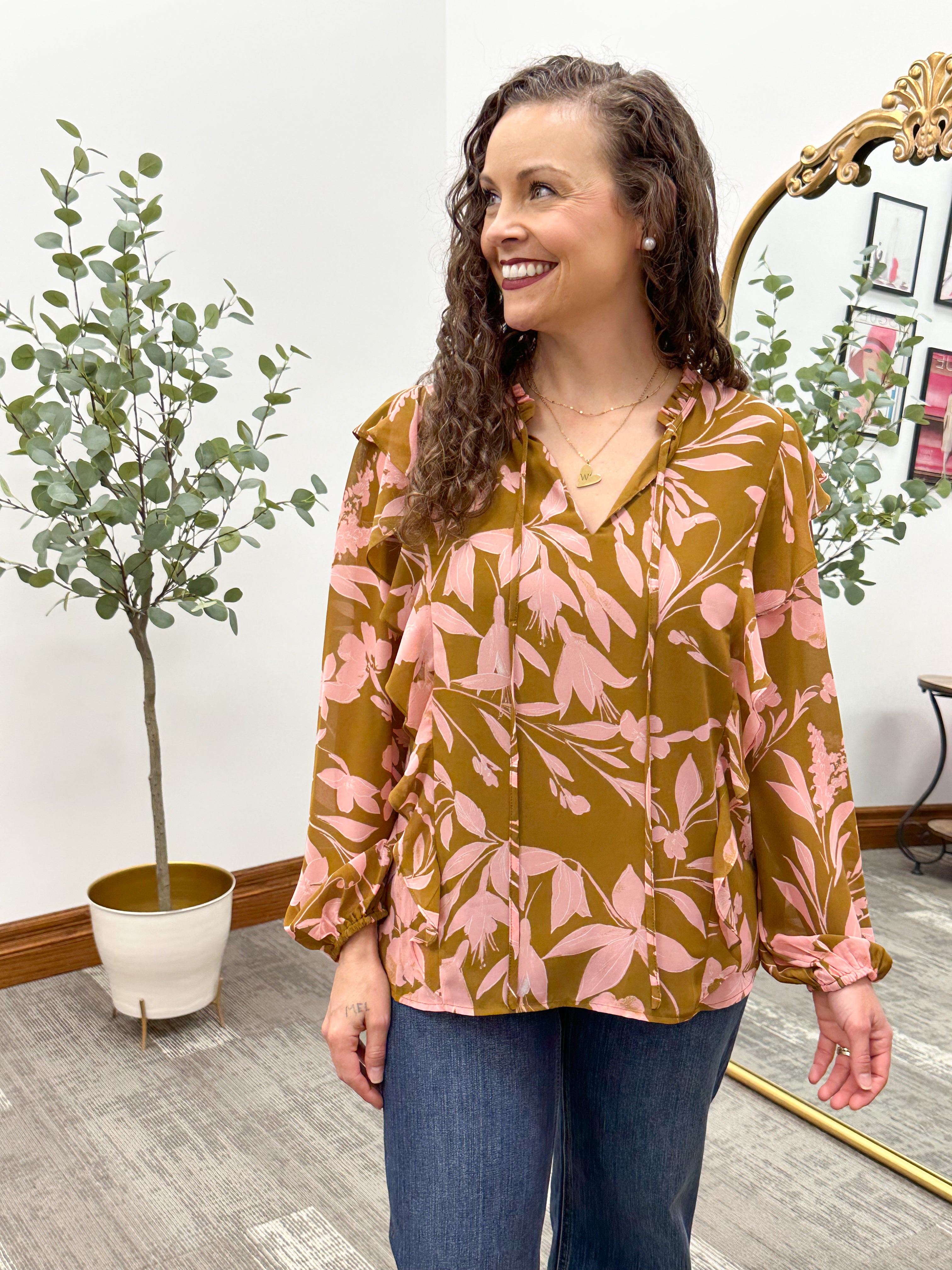 Brown & Pink Ruffle Blouse