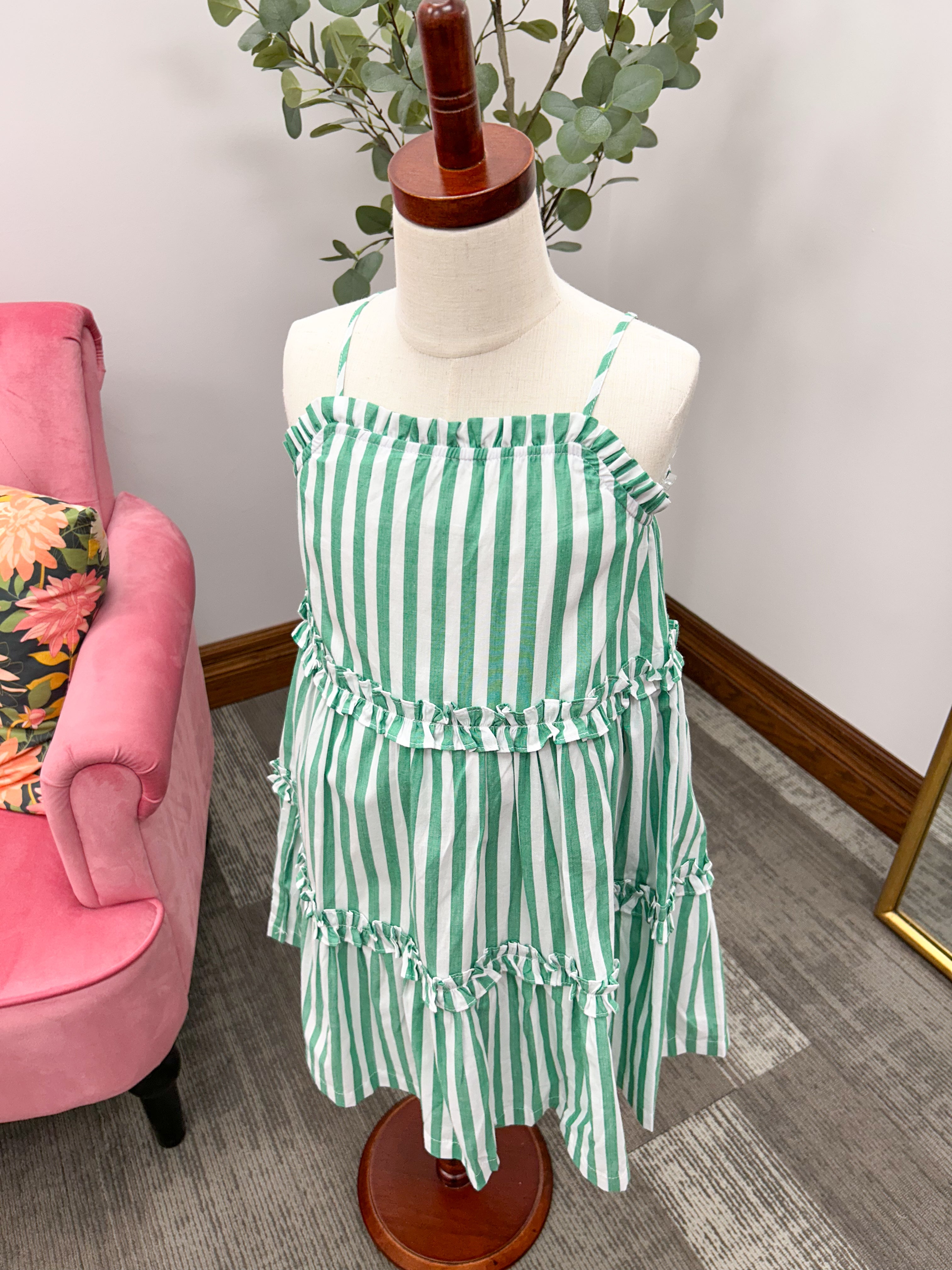 Girls Green Stripe Ruffle Dress