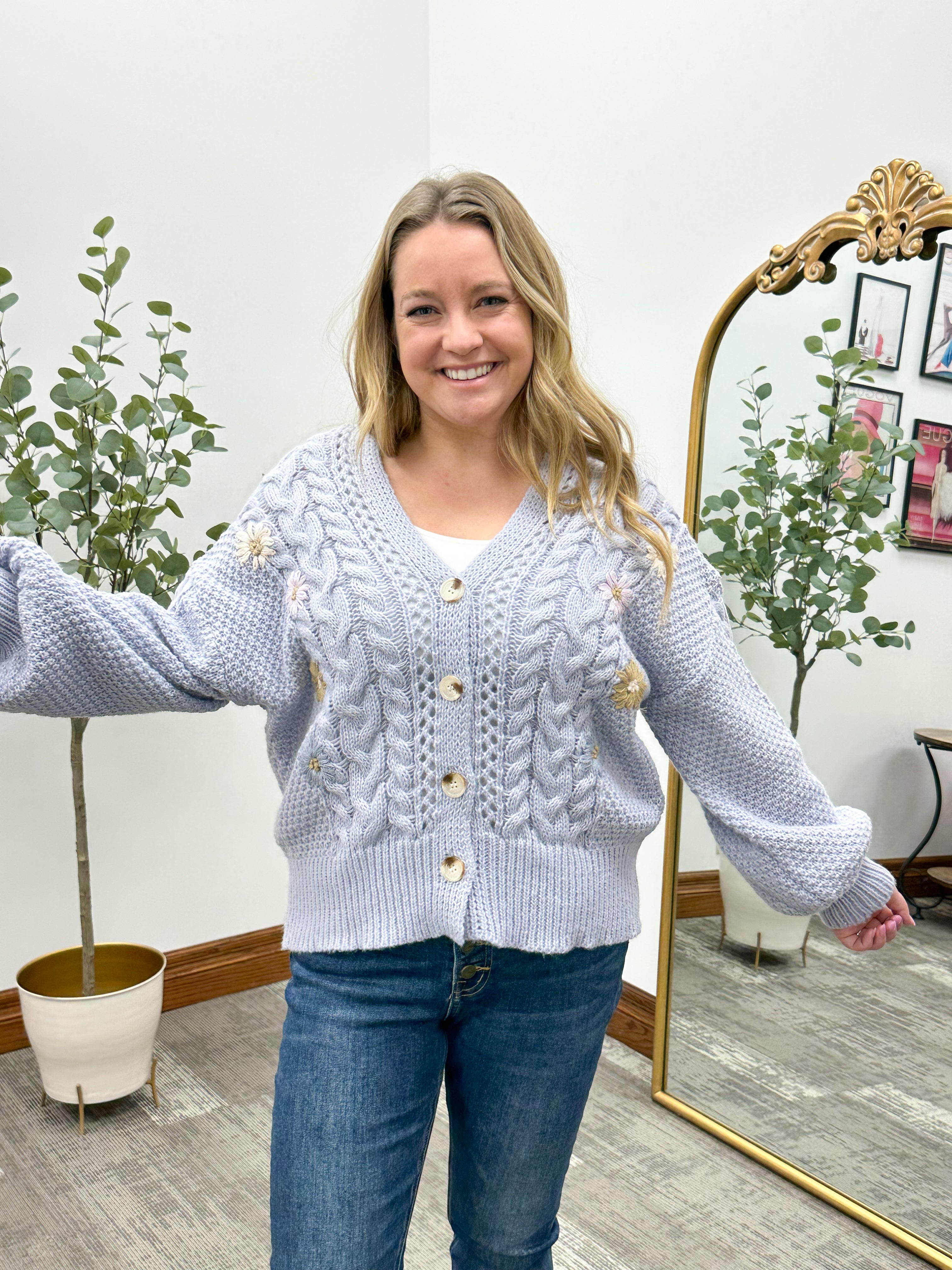 Lavender Floral Cable Knit Cardigan