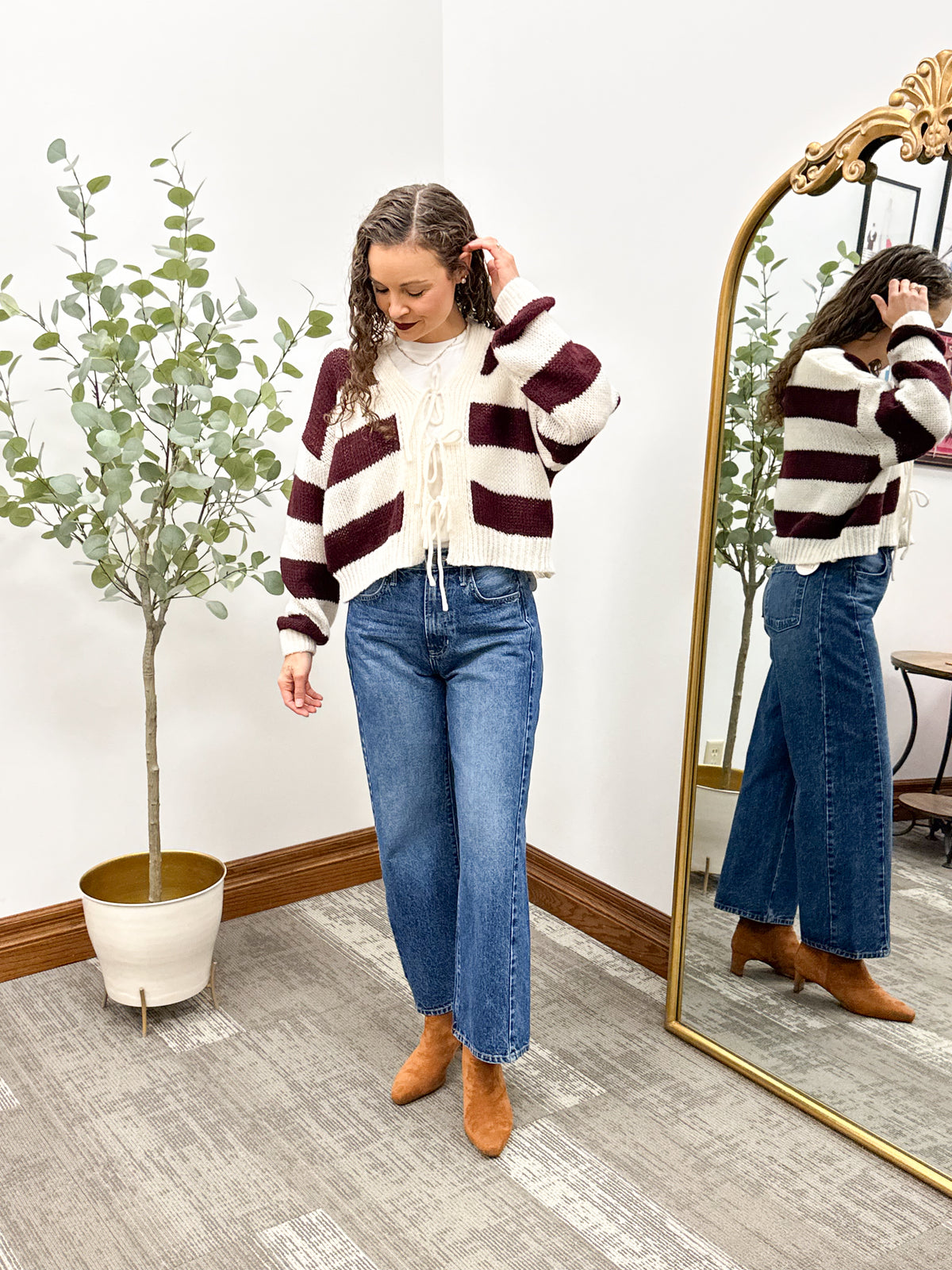 Maroon & Cream Striped Tie Front Cardigan