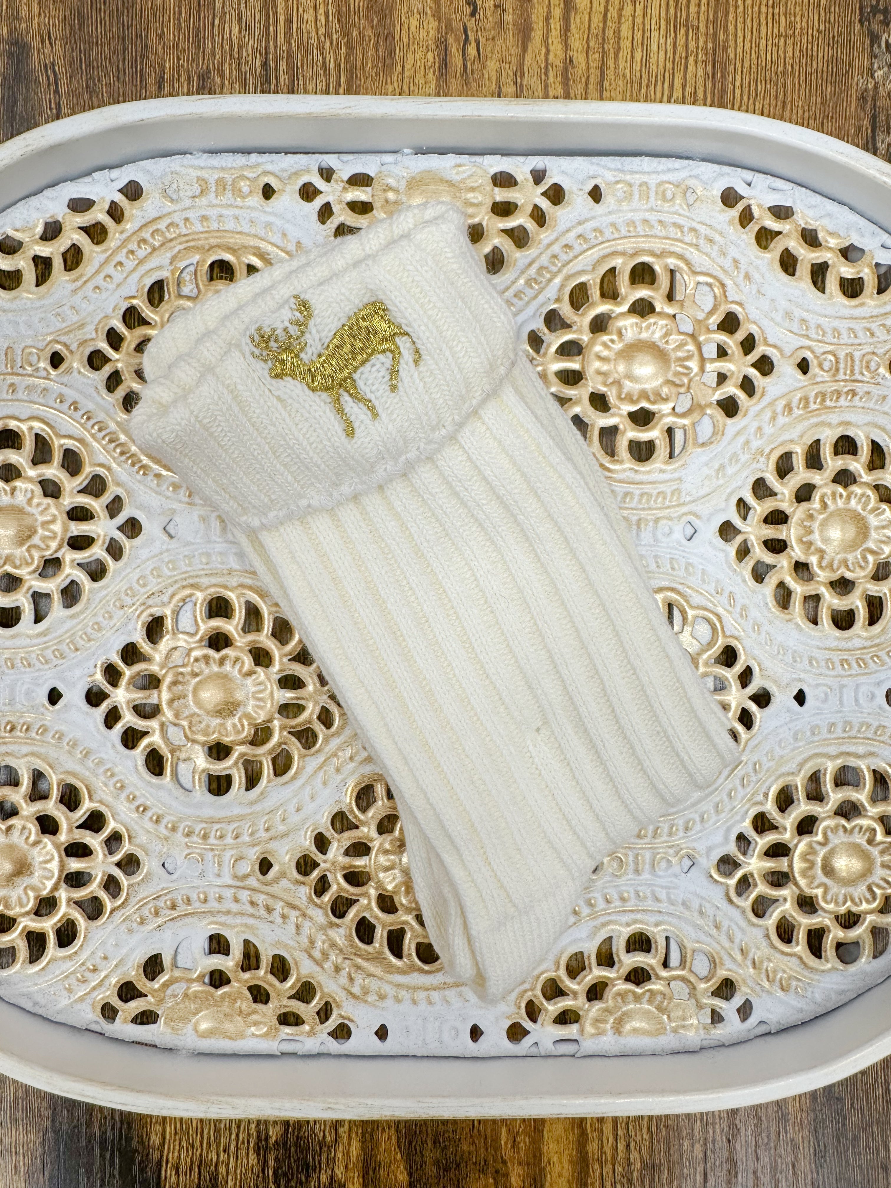 Gold Embroidered Reindeer Christmas Socks