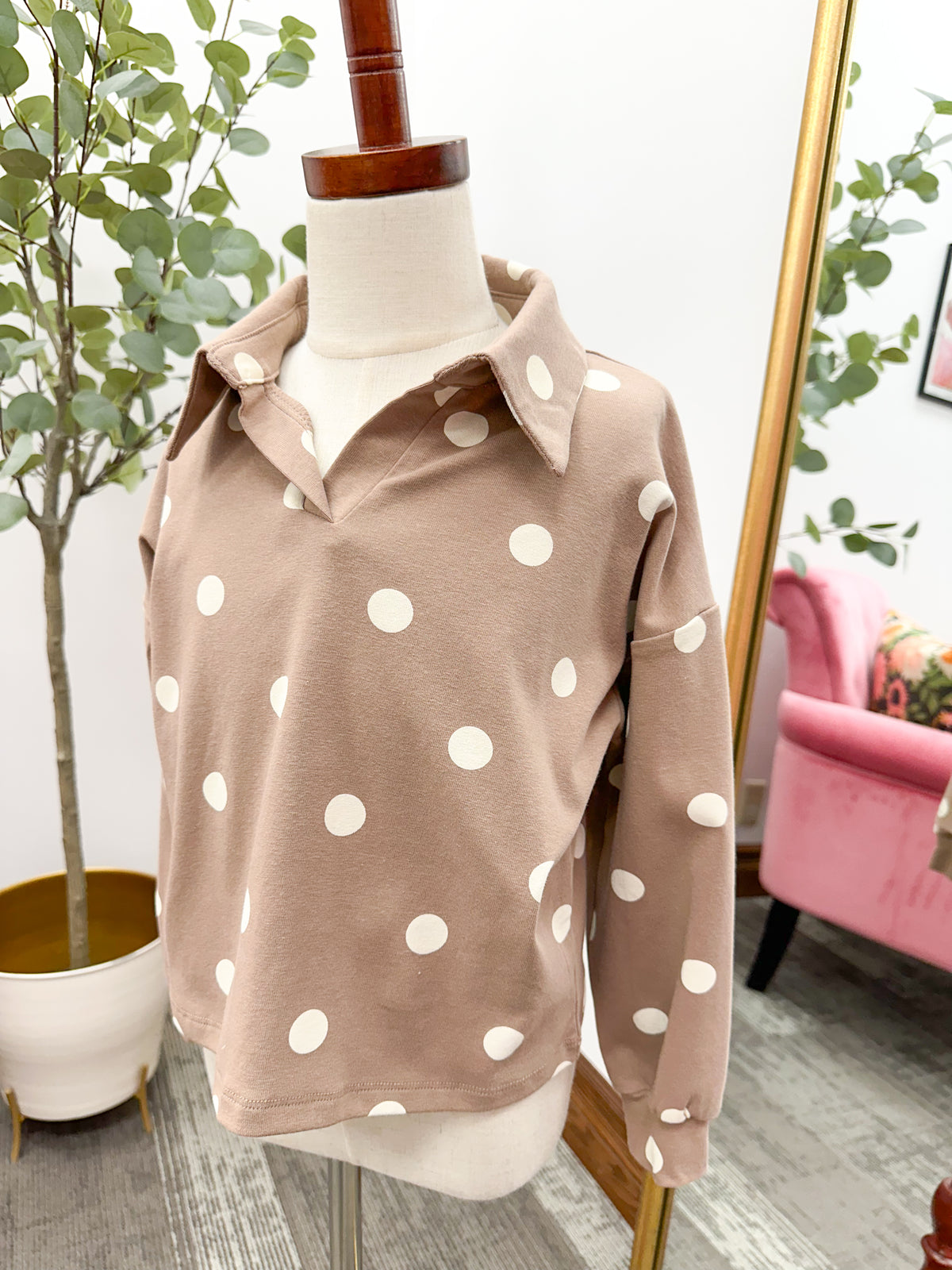 Girls Taupe & Cream Polka Dot Top