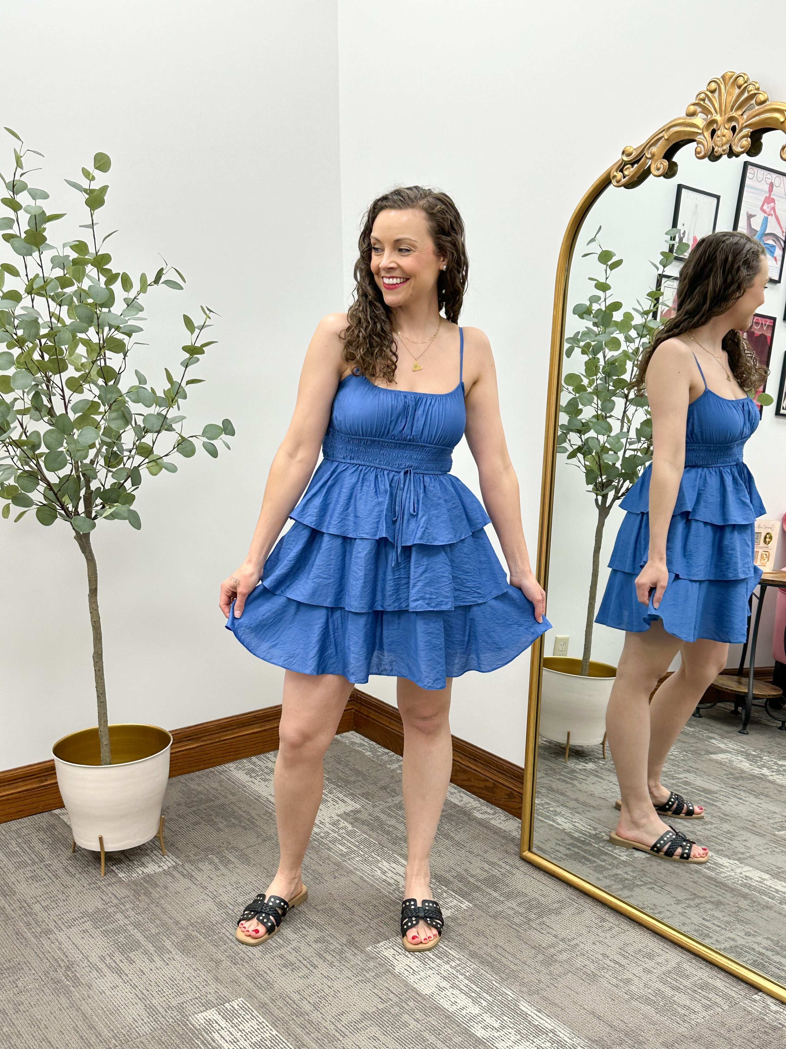 Blue Ruffle Spaghetti Strap Mini Dress