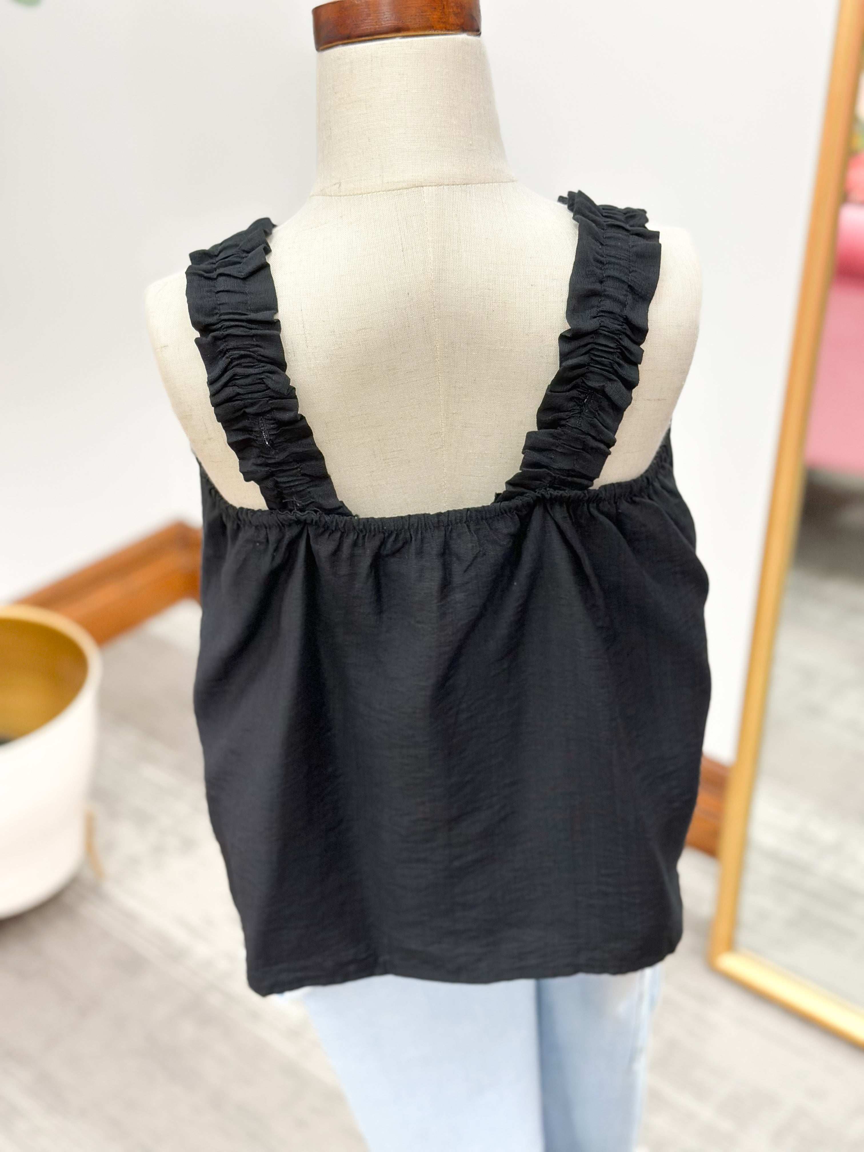 Girls Black Ruffle Strap Tank Top