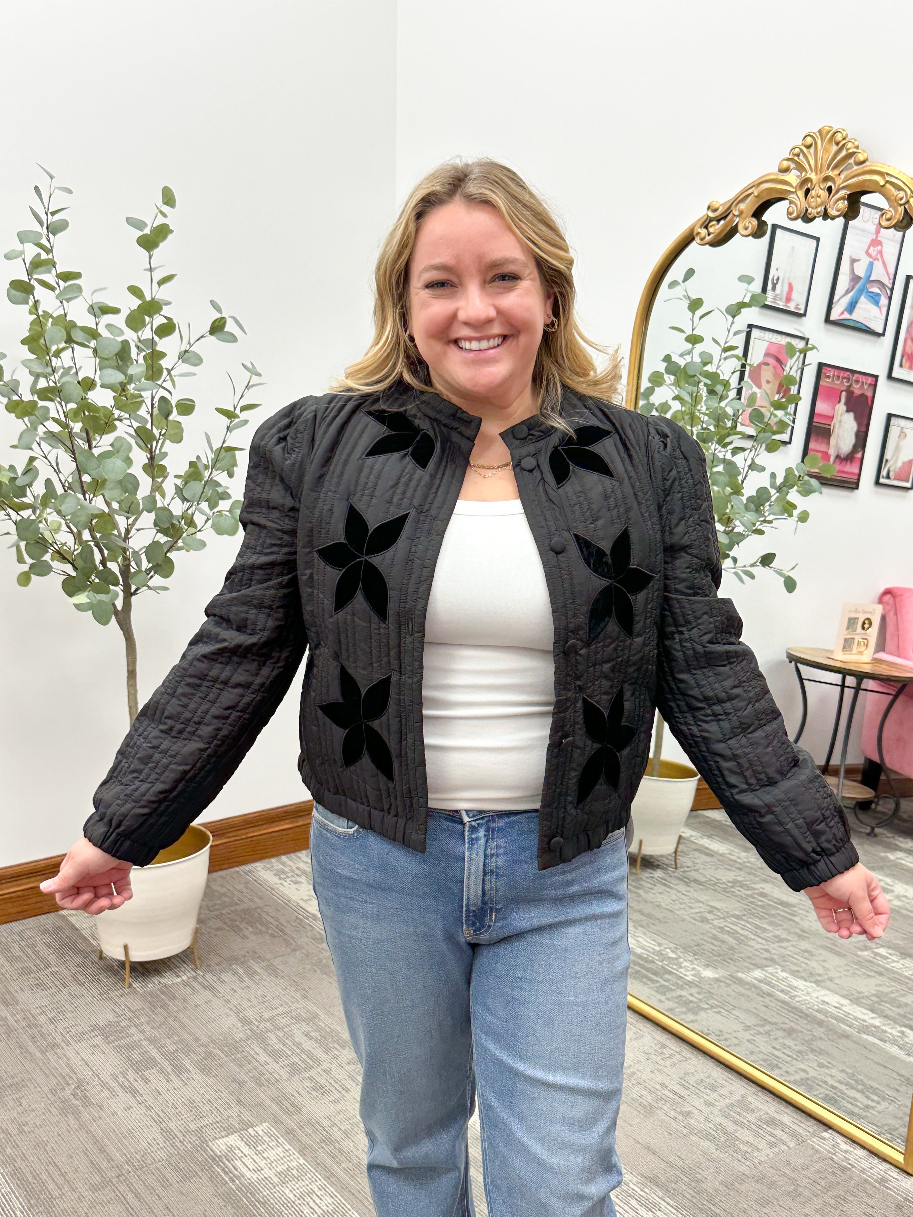 Black Velvet Flower Quilted Jacket