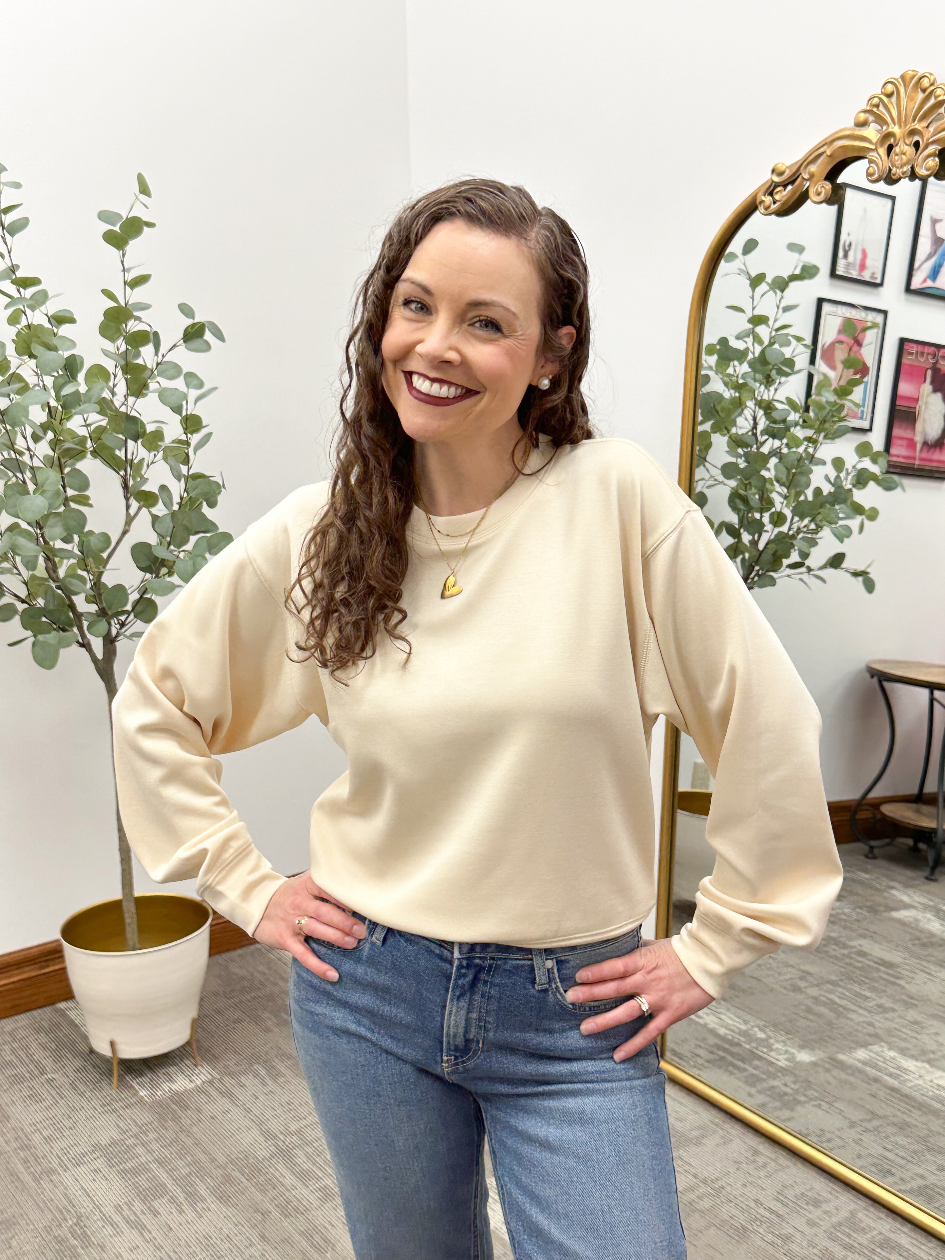 Cream Scuba Crewneck Pullover Top