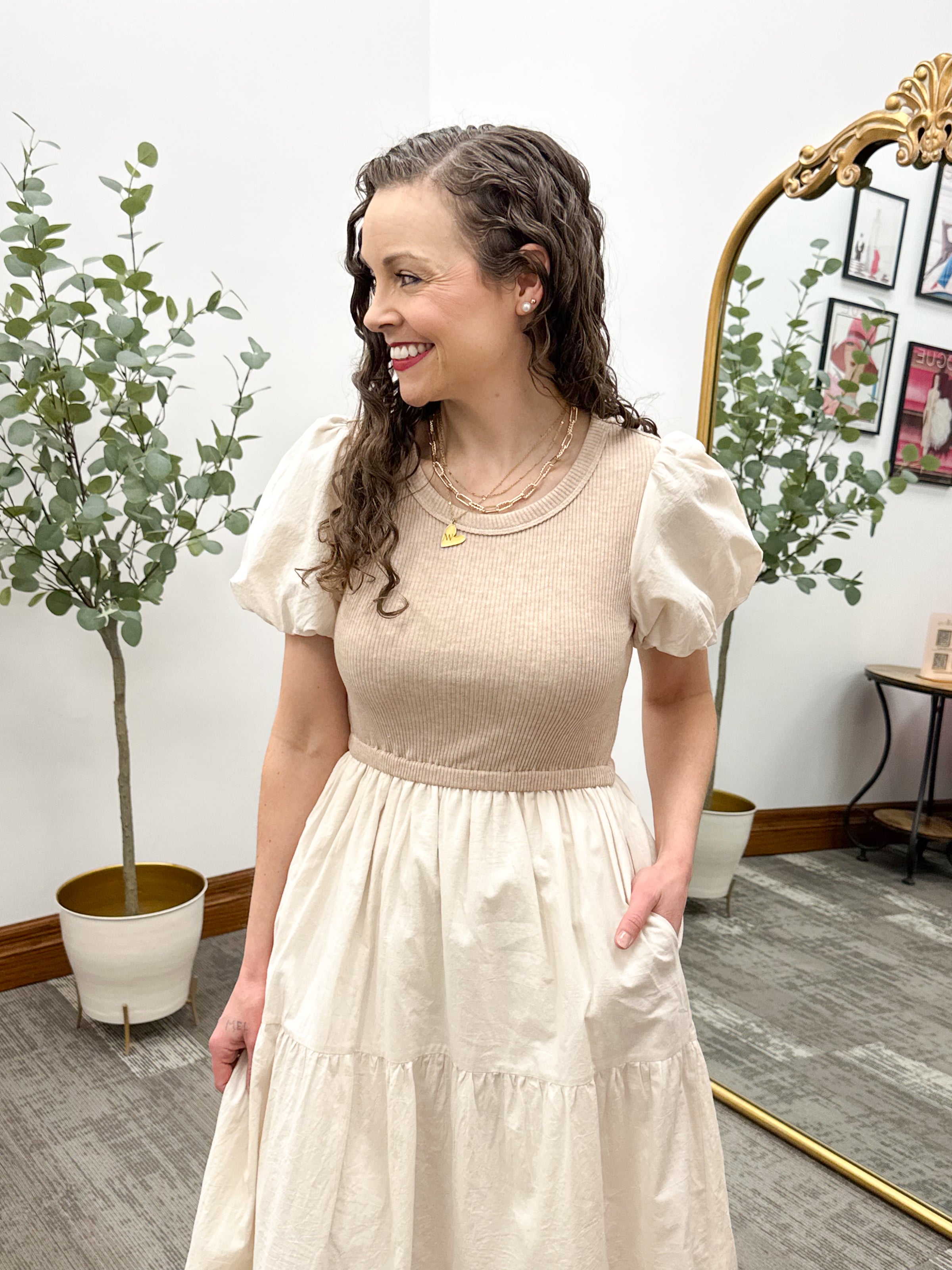 Neutral Mixed Material Maxi Dress