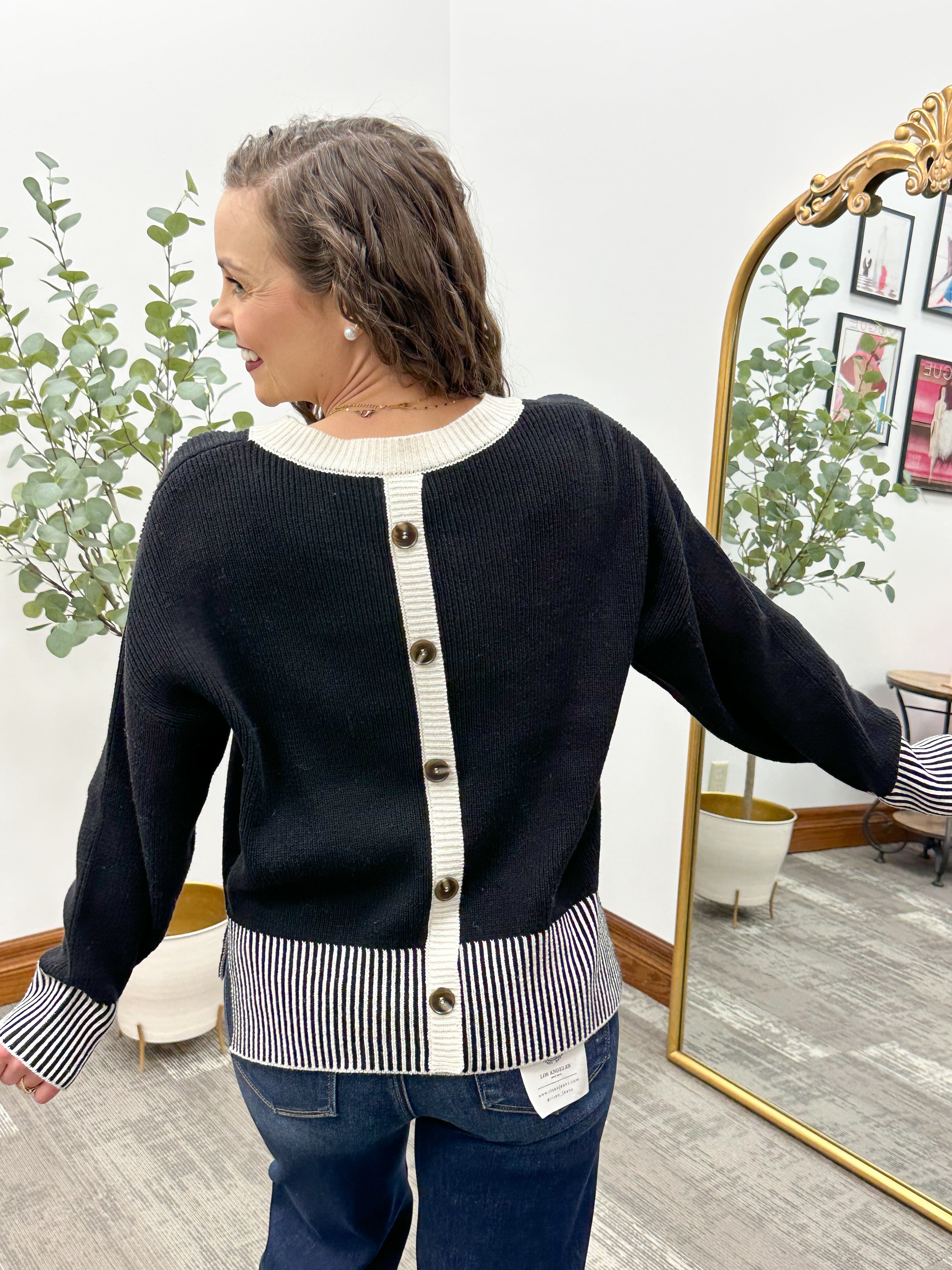 Black Contrast Striped Hem Sweater