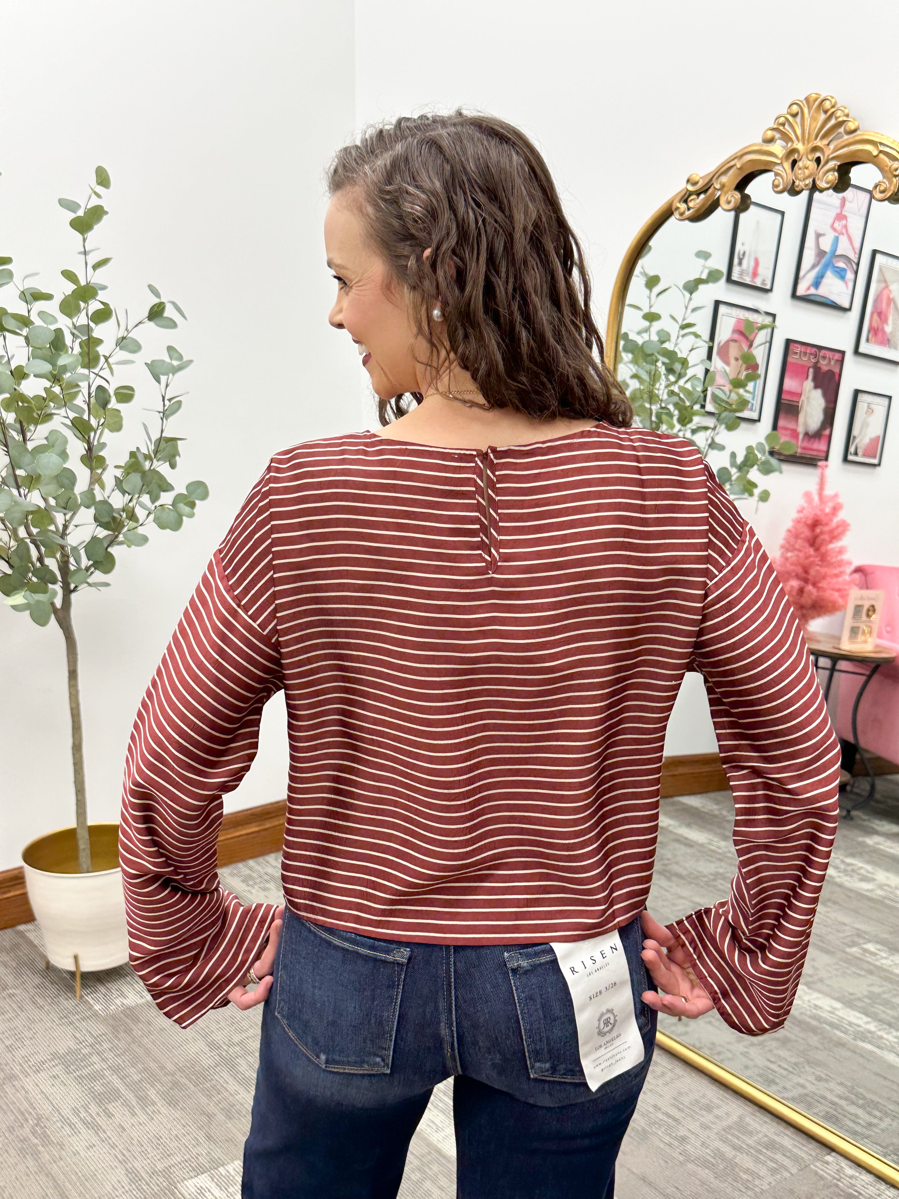 Burgundy & Cream Striped Cropped Blouse