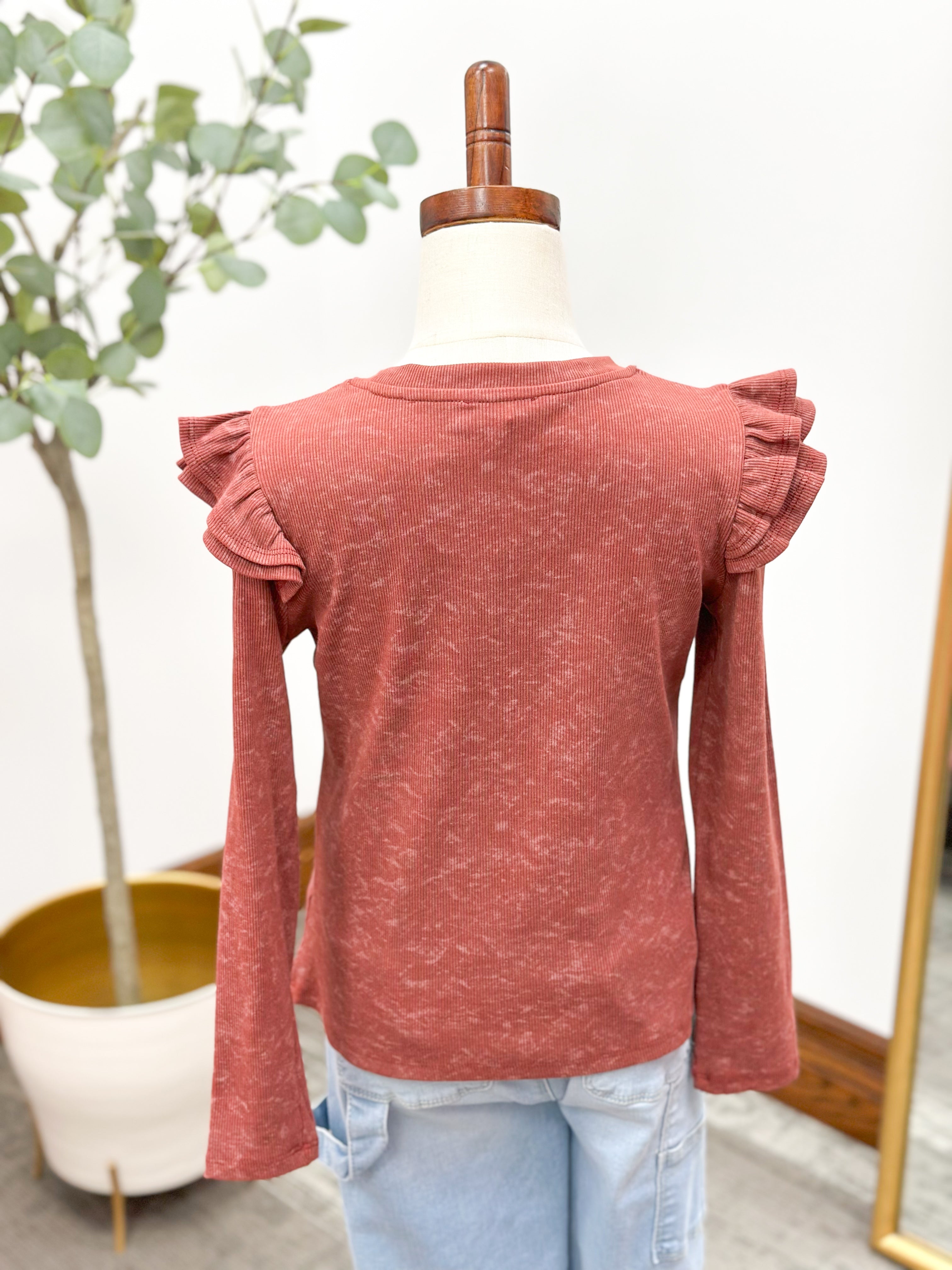Girls Ruffle Ribbed Knit Top