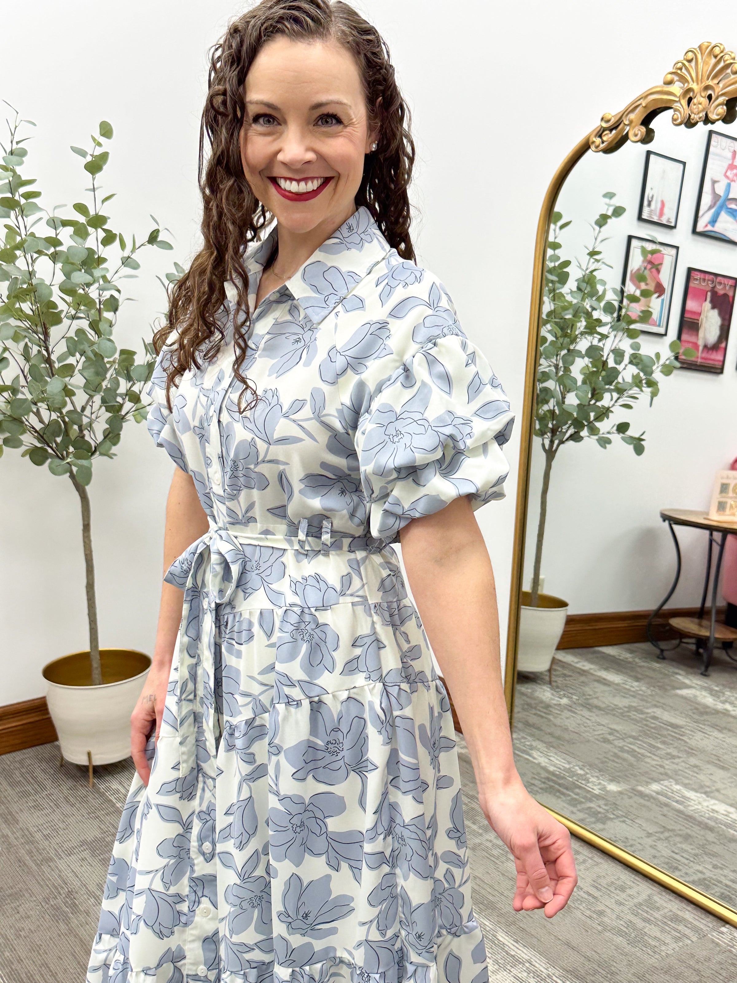 Cream & Blue Floral Maxi Dress