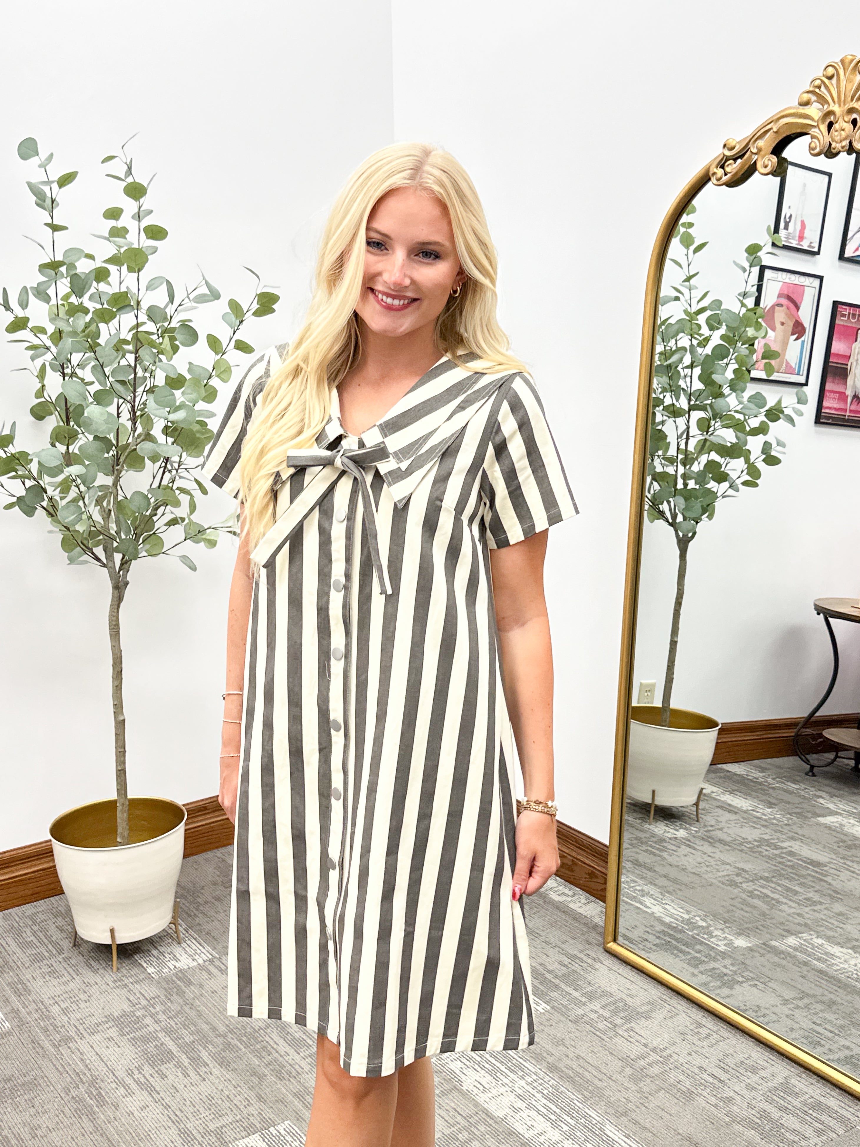 Cream and charcoal striped sailor collar denim dress, Oversized collar dress, dress with pockets