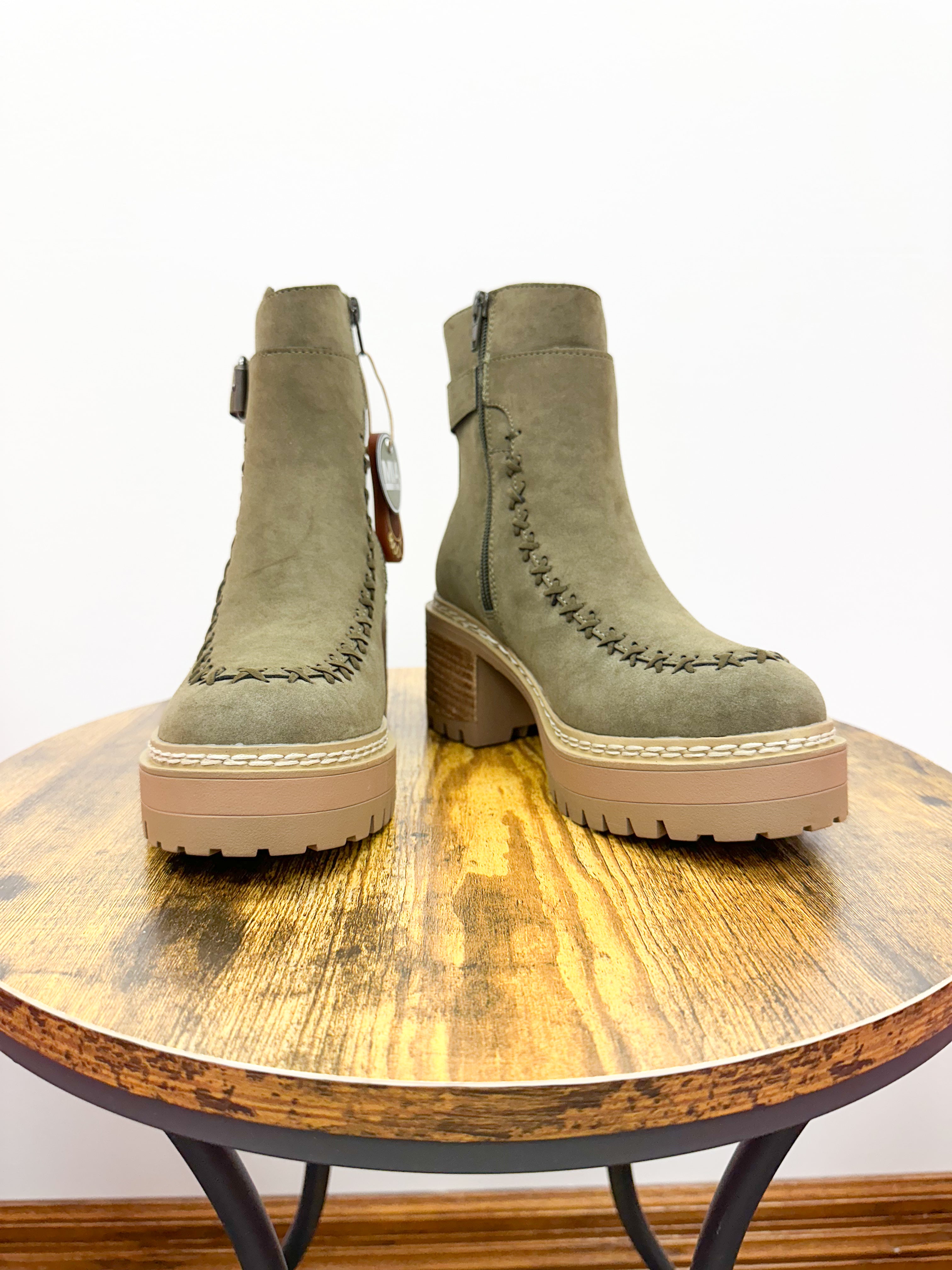 Olive Faux Suede Chunky Heel Bootie