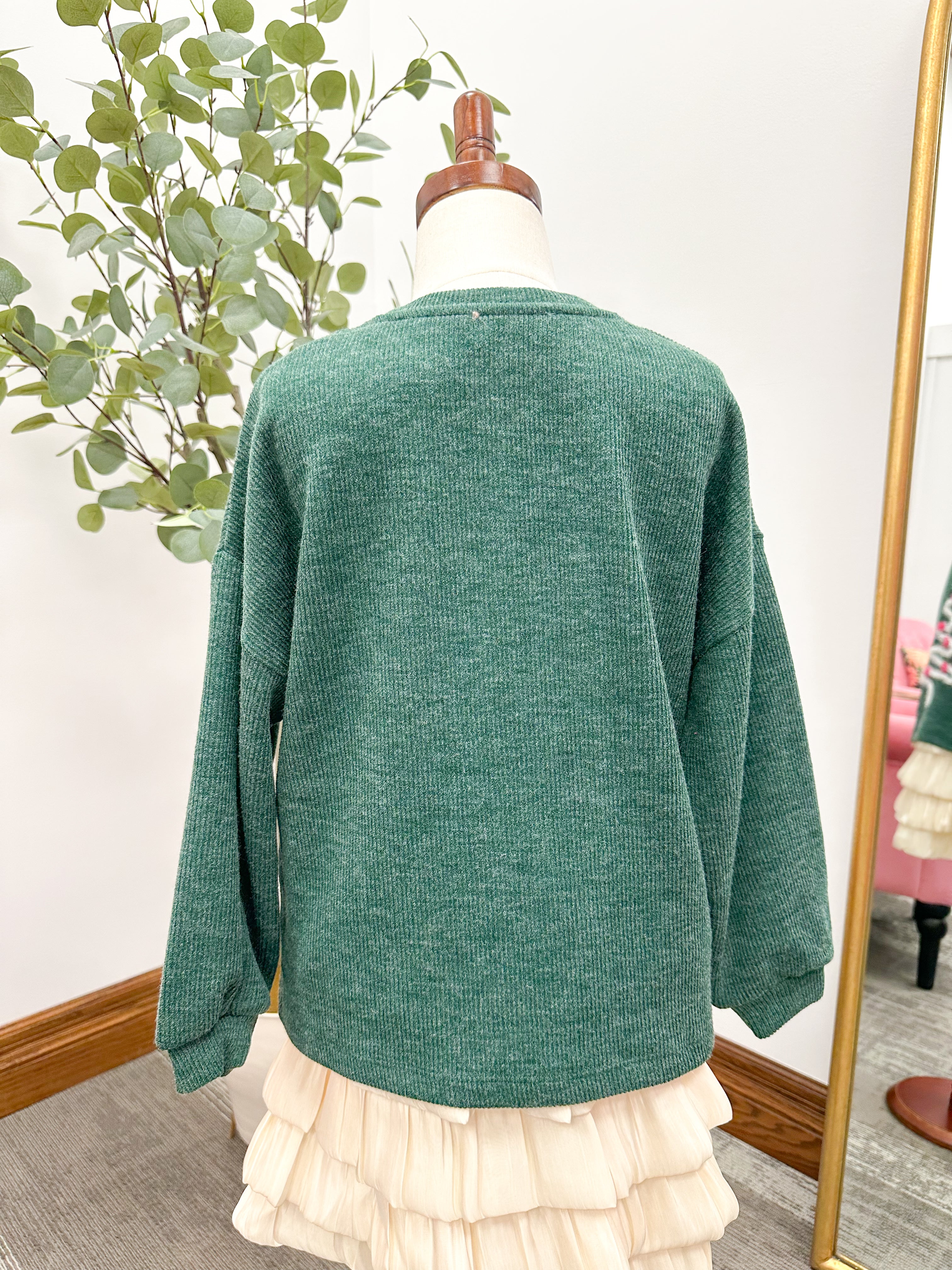 Girls Green Tinsel Christmas Tree Sweater