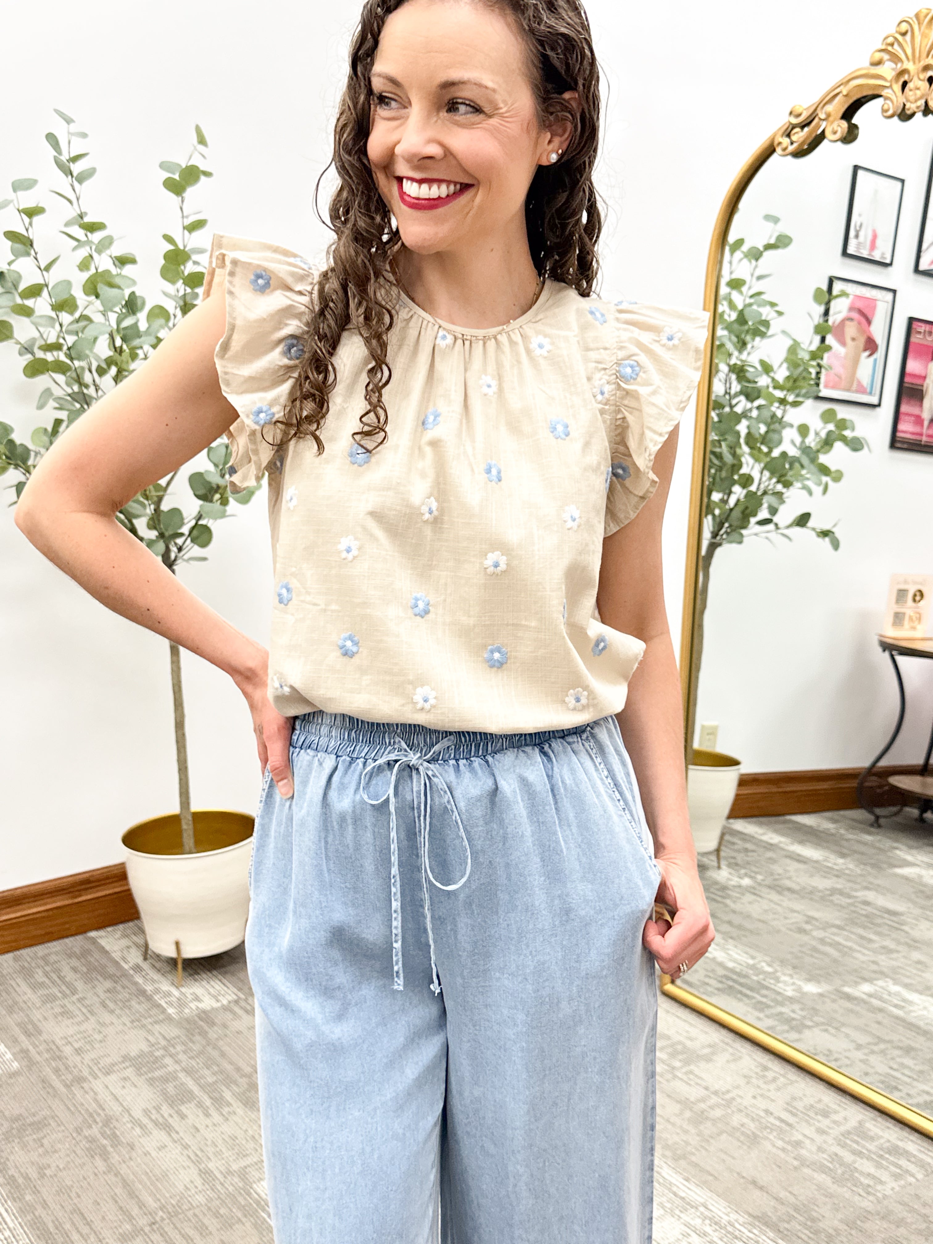 Blue floral embroidered top, cute summer top, cute top with ruffles