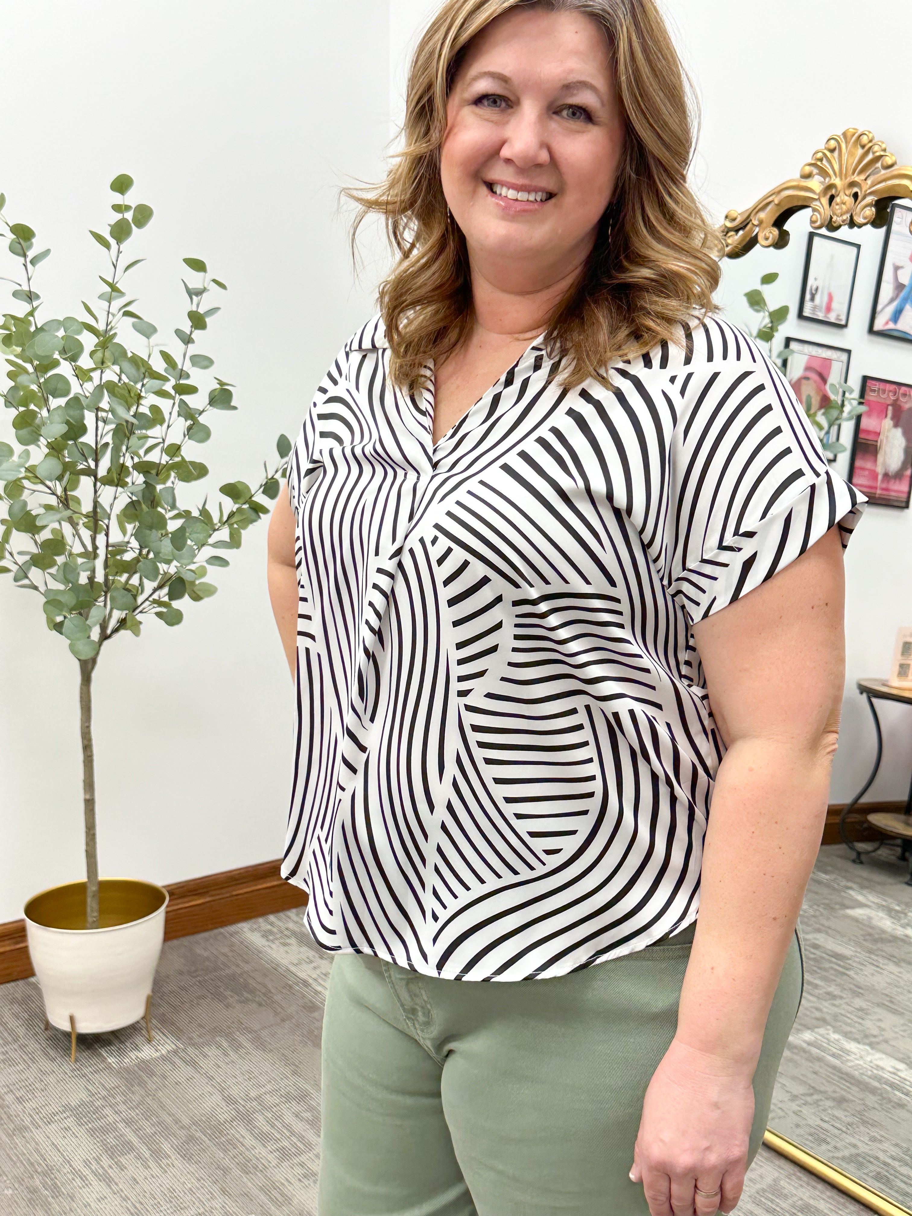Megan Black + White Abstract Blouse