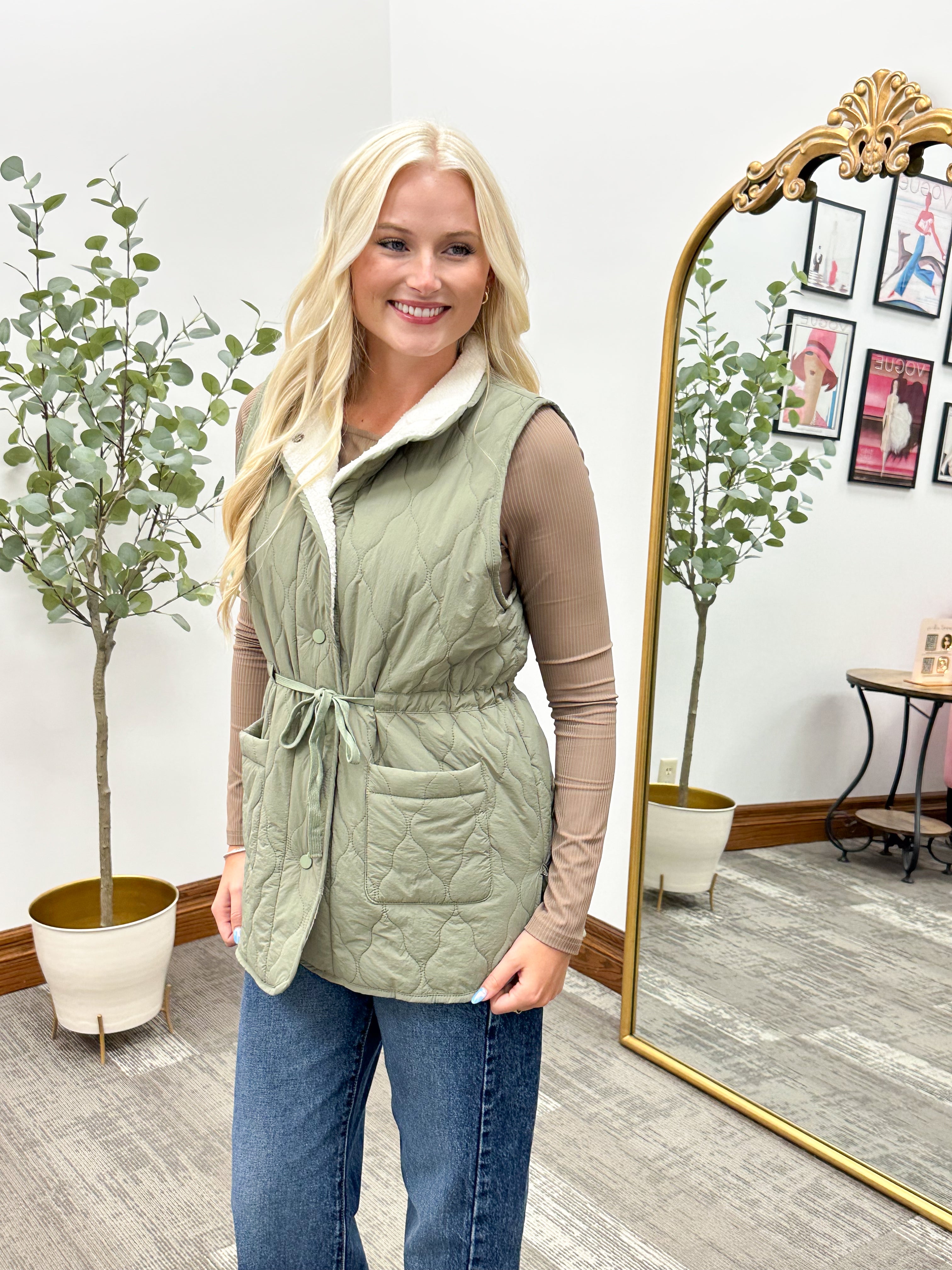 Olive sherpa lined quilted vest