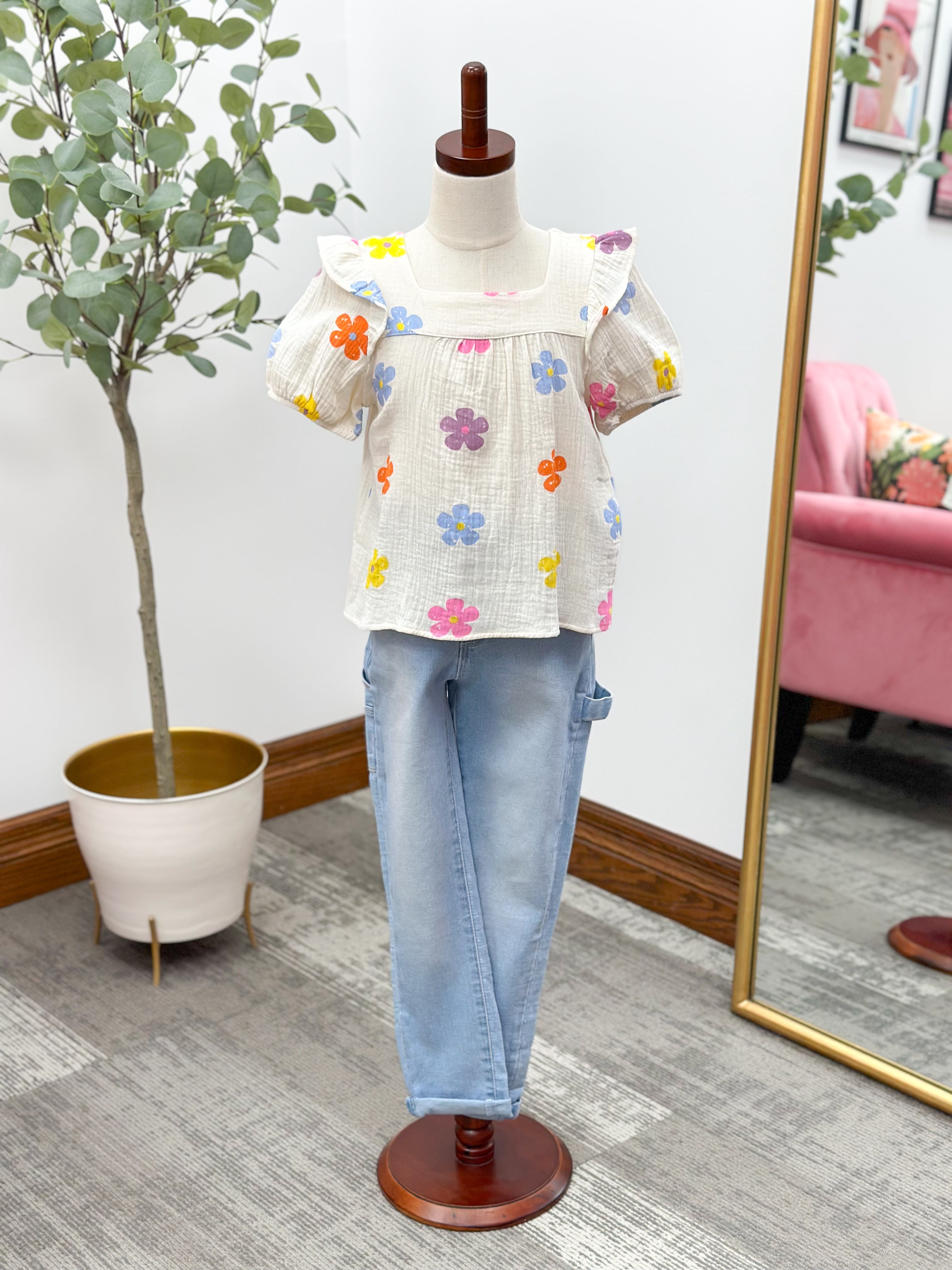 Girls Floral Print Muslin Top